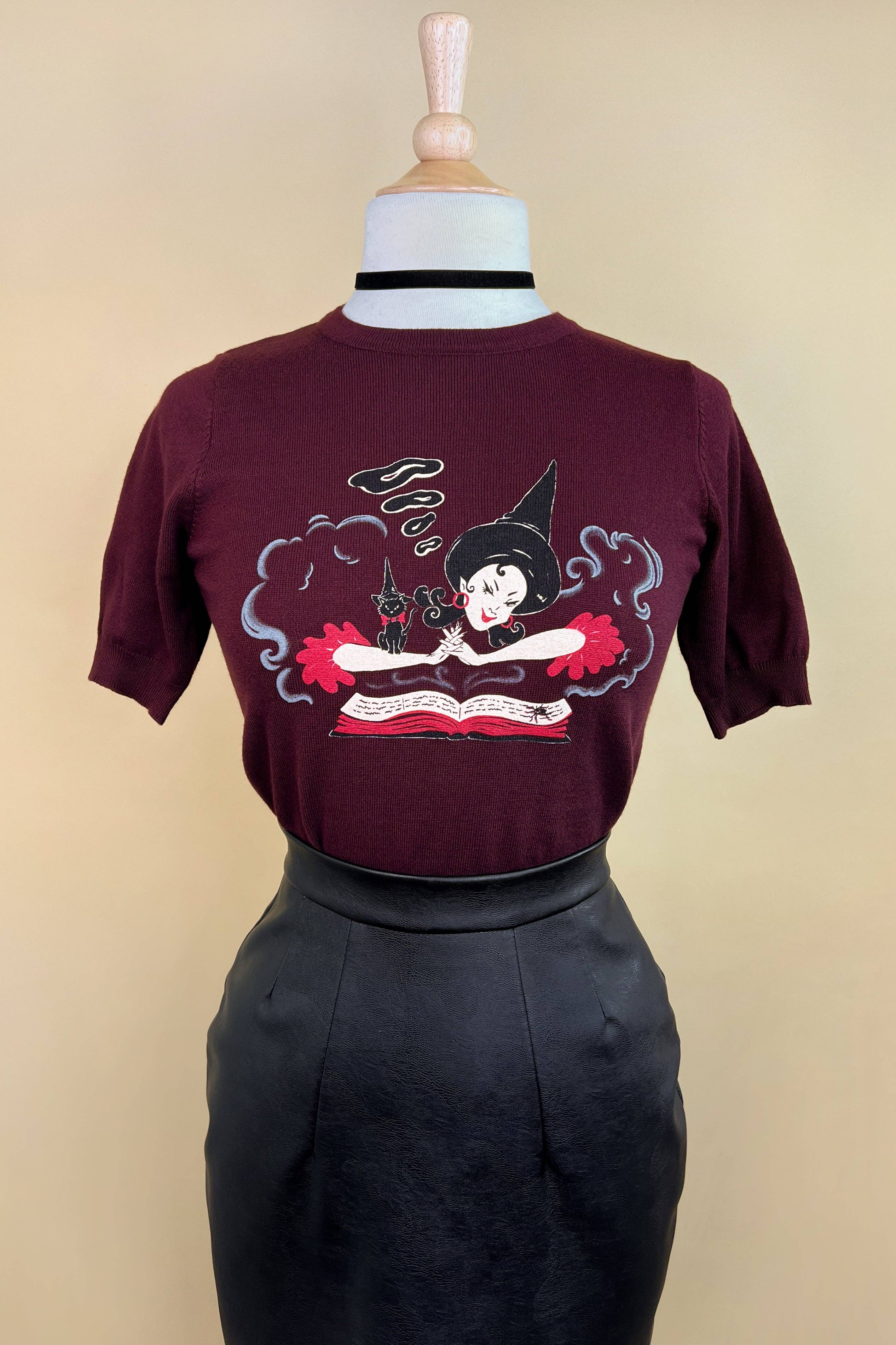 Witch Bible short sleeve Sweater in Burgundy by Mischief Made - LARGE