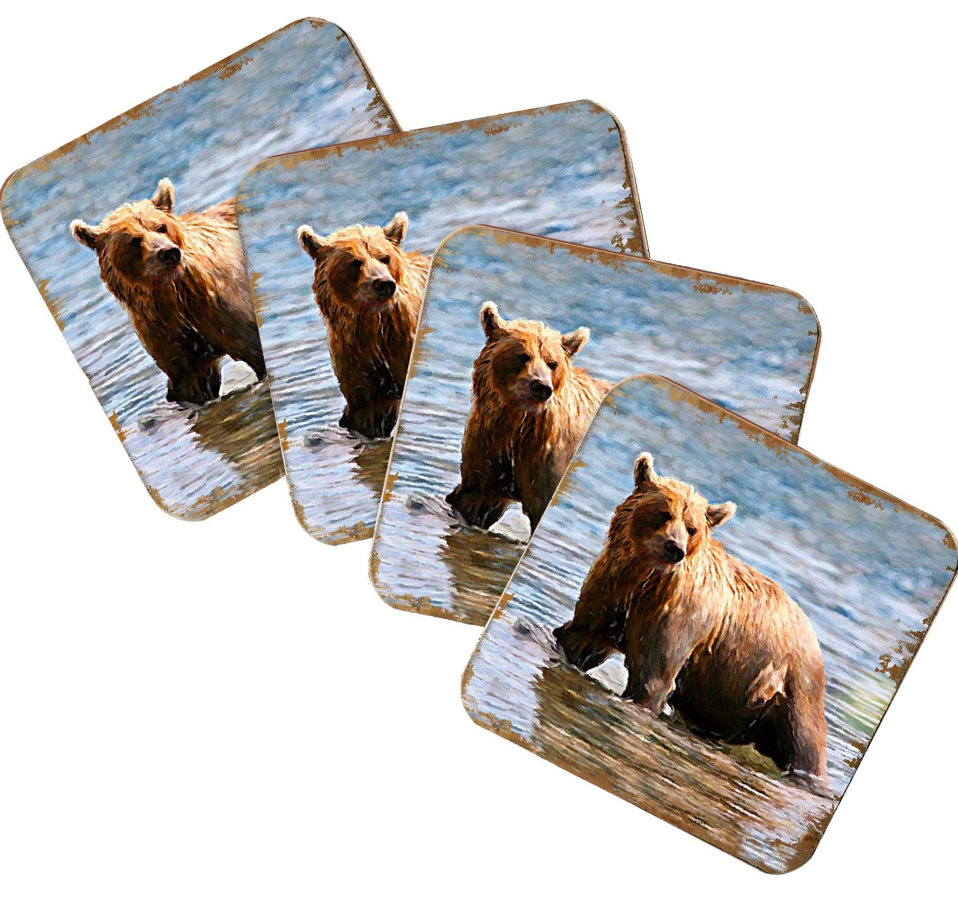 Bear Wooden Cork Coasters Gift Set of 4 by Nature Wonders - Nature Wildlife Decor  - 95297C-S4