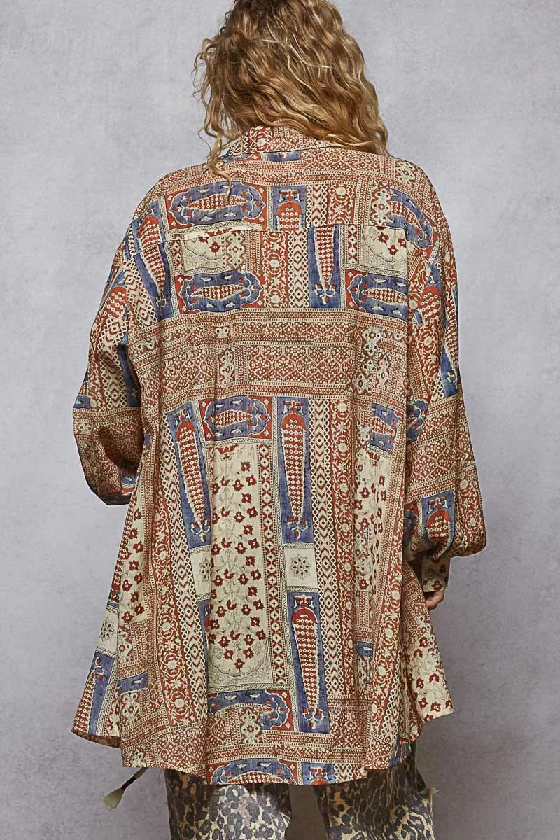 POL Printed Button Down Balloon Sleeve Shirt