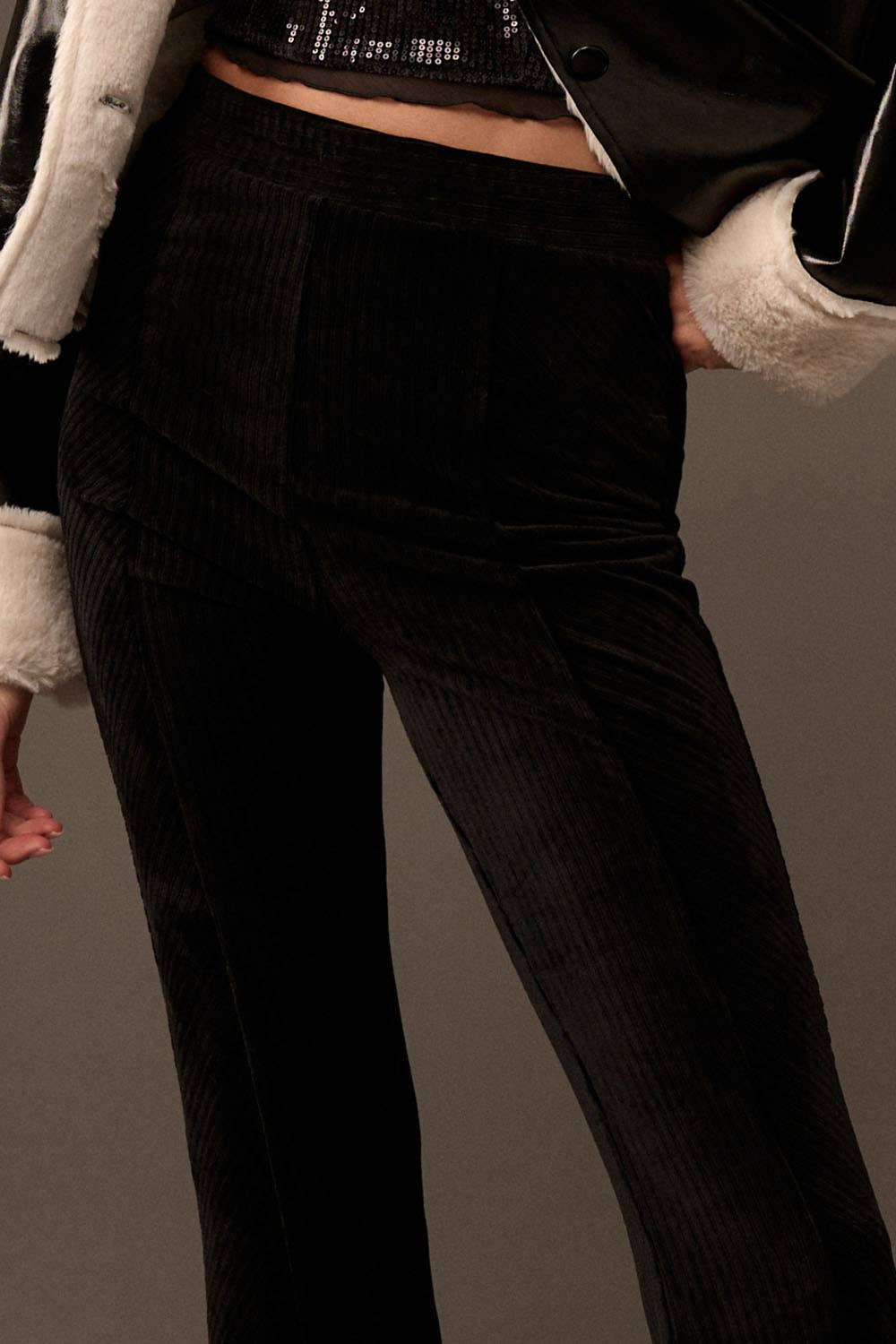 Solid High Waist Fitted Flared Corduroy Pants: BLACK