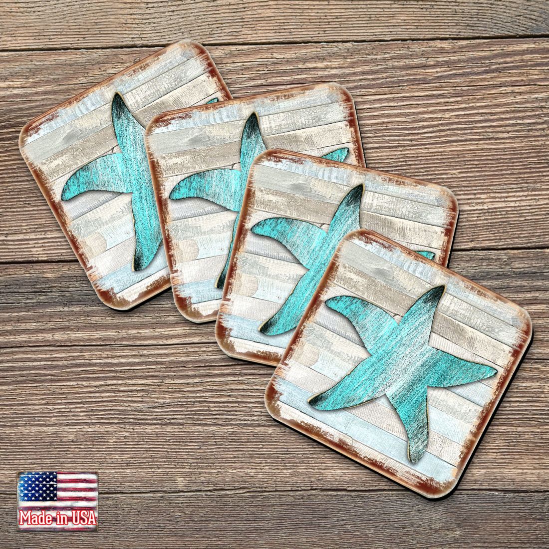 Starfish  Wooden Cork Coasters Gift Set of 4 by Nature Wonders -  Coastal Sea-Life Decor - 8198531-9C-S4