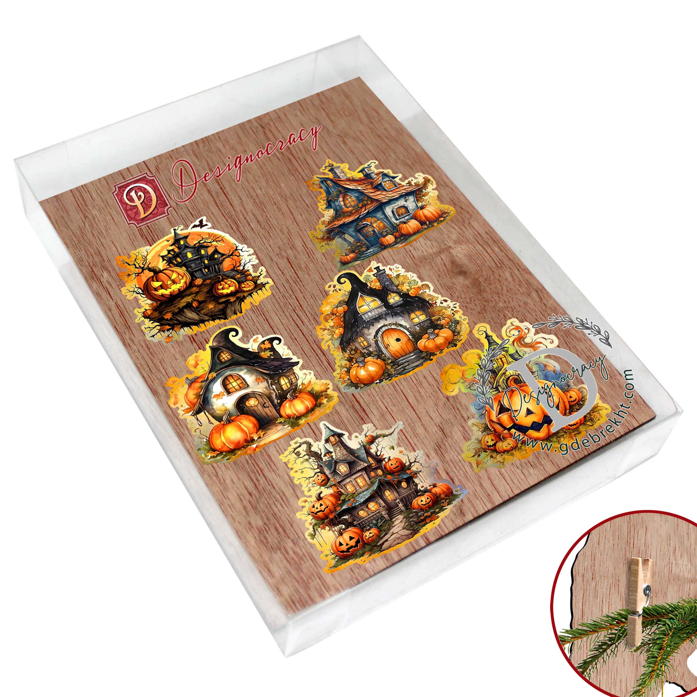 Spooky Houses Decorative Wooden Clip-on Ornaments of 6 by G. Debrekht - Halloween Decor - 8090007C-S6