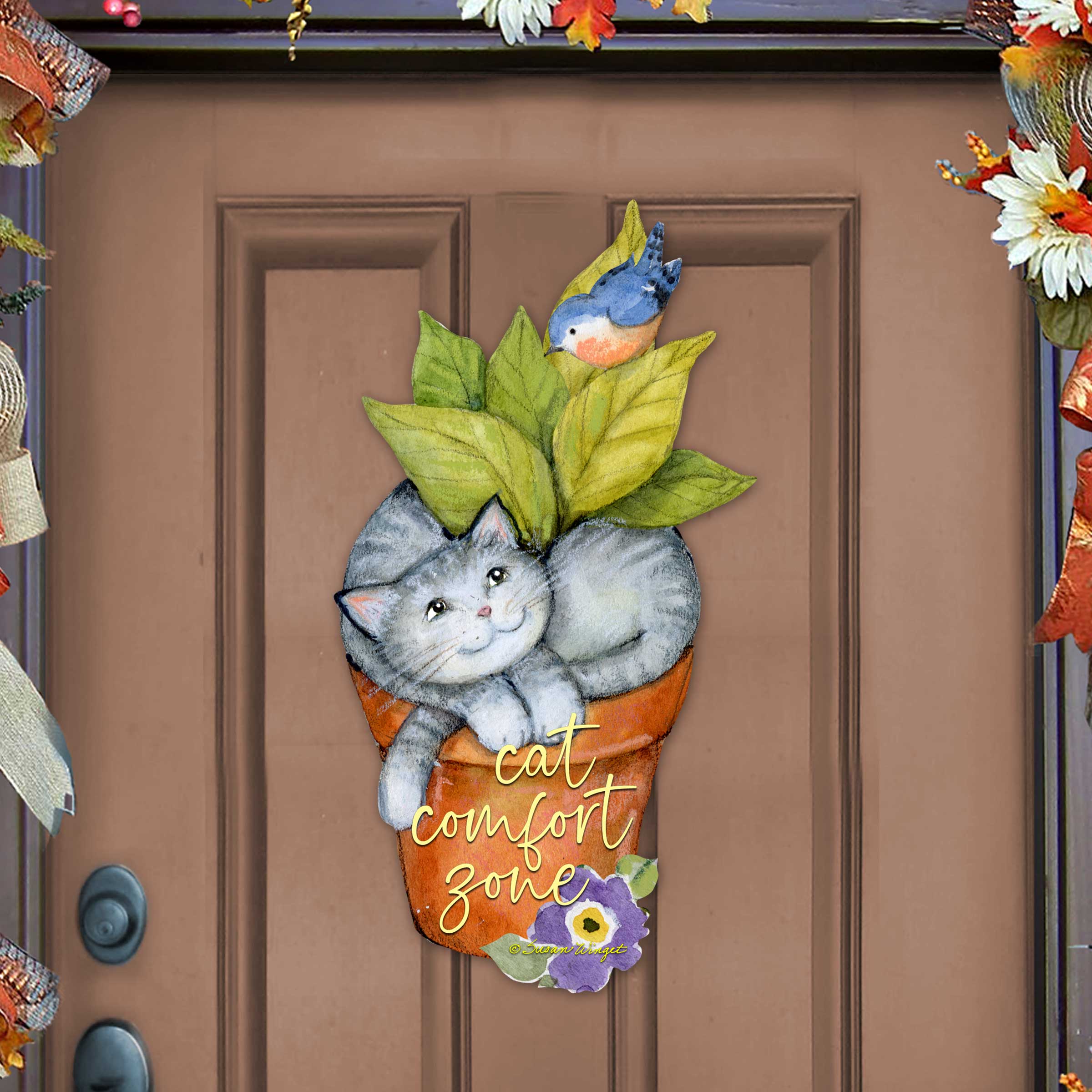 Cat Lovers Welcome Sign Cats Comfort Zone in a Pot Door Wreath - Handmade Gift for Porch Decor by Susan Winget - 8471214H-SW