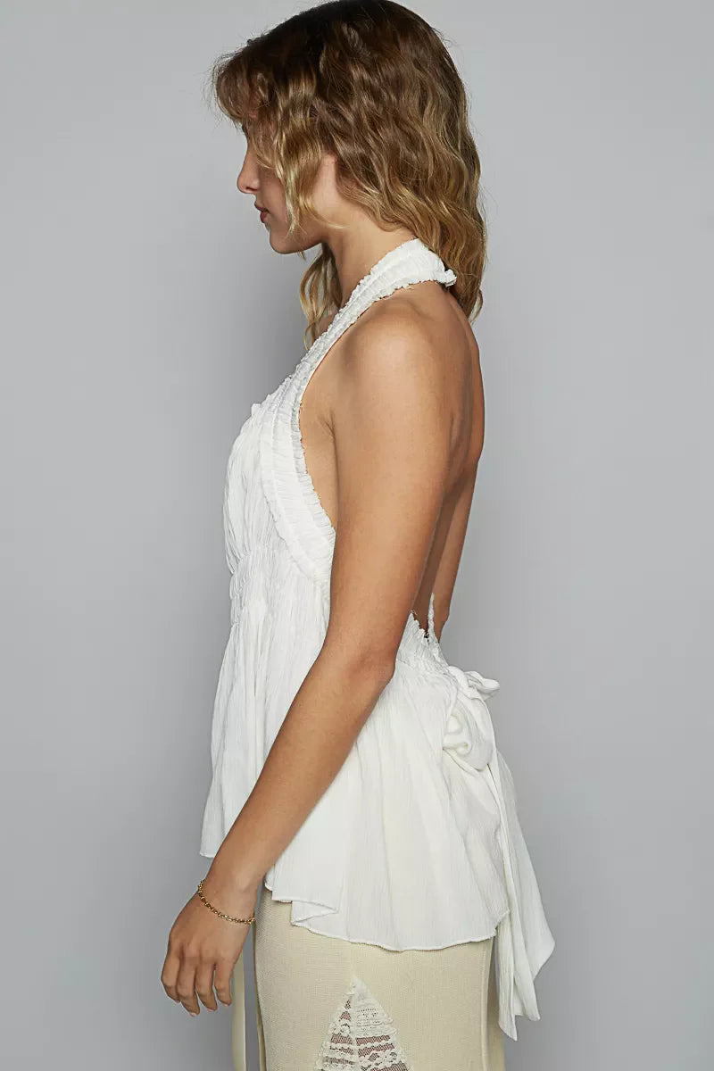 POL Backless Halter Sleeveless Top with Smocking Shirring Detail