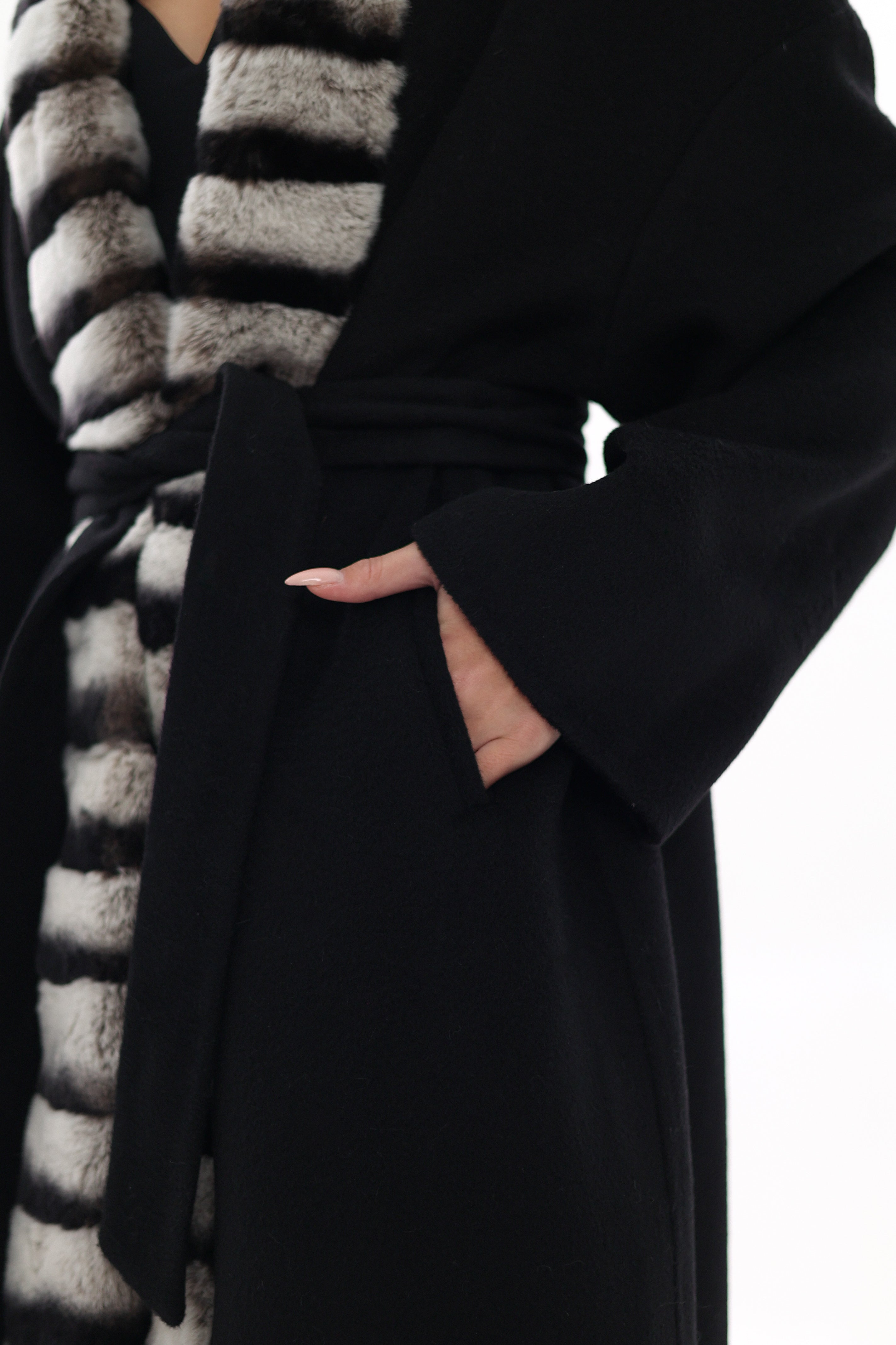 Genuine  French Orylag Fur Italian Cashmere Wool Coat 130cm