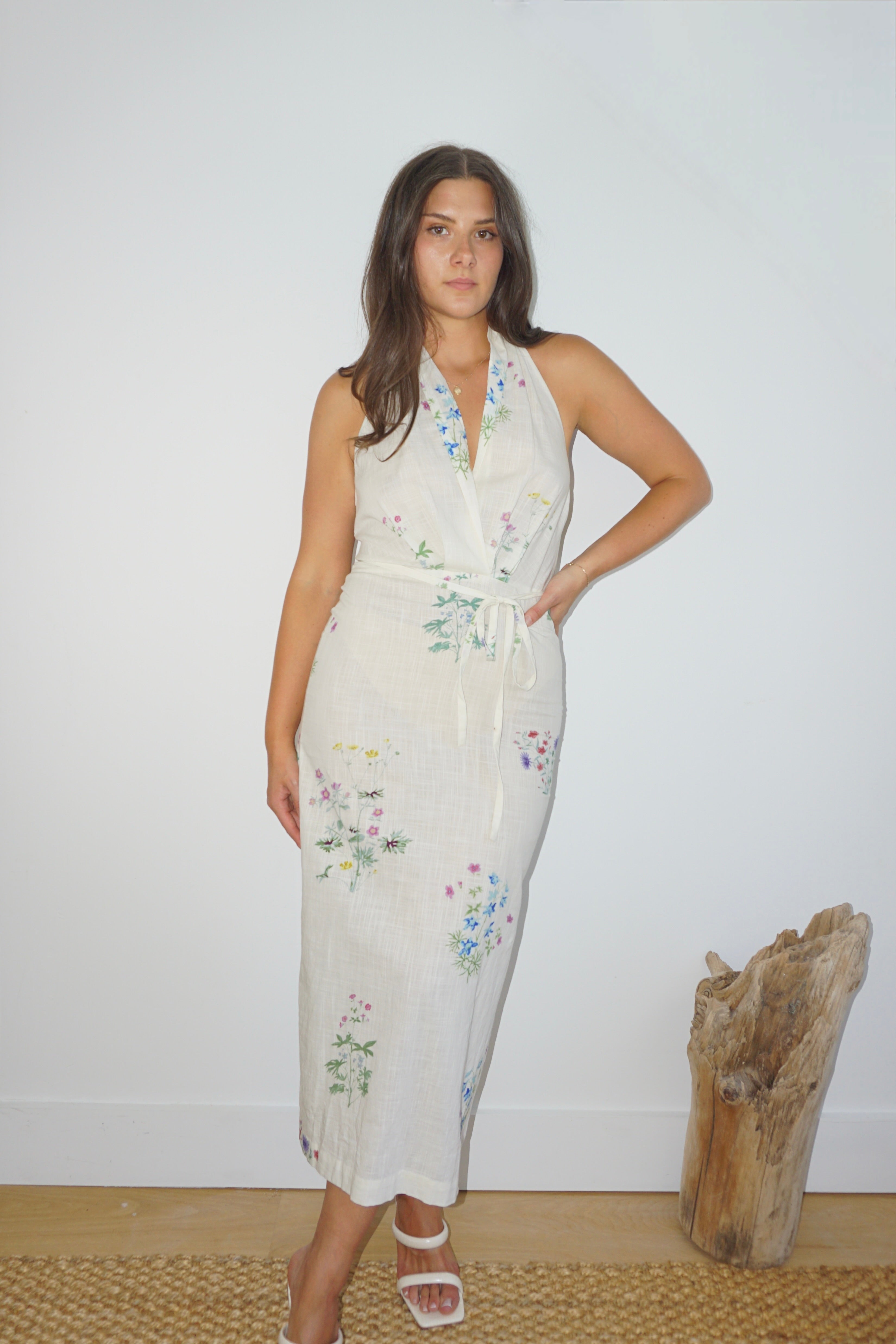 Annya Halter Dress in Cream Botanical