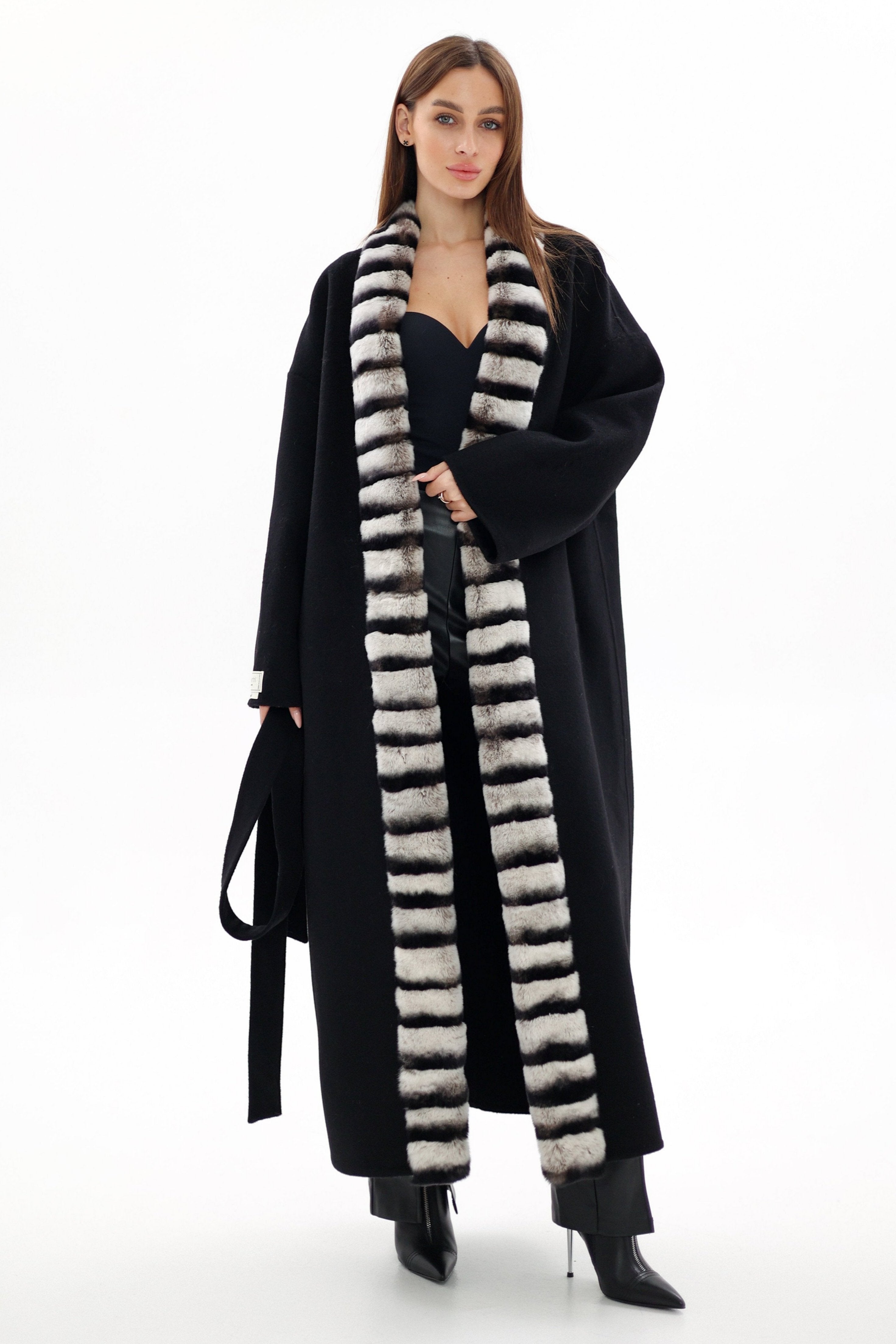 Genuine  French Orylag Fur Italian Cashmere Wool Coat 130cm