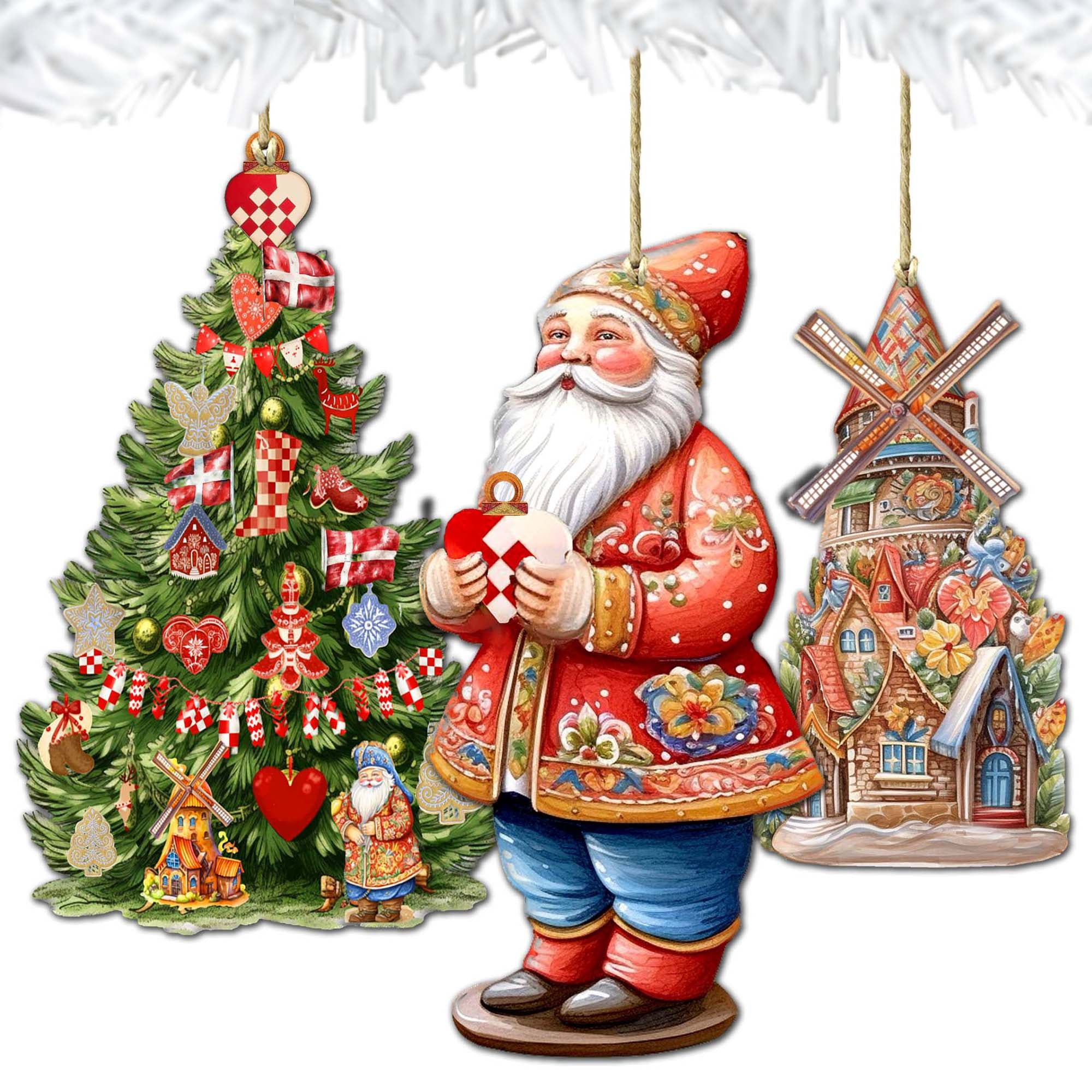 Santas Around the World - Danish Inspired Santa - Wooden Ornaments Set of 3 by G. DeBrekht Christmas Santa Snowman Decor - 8091302S3