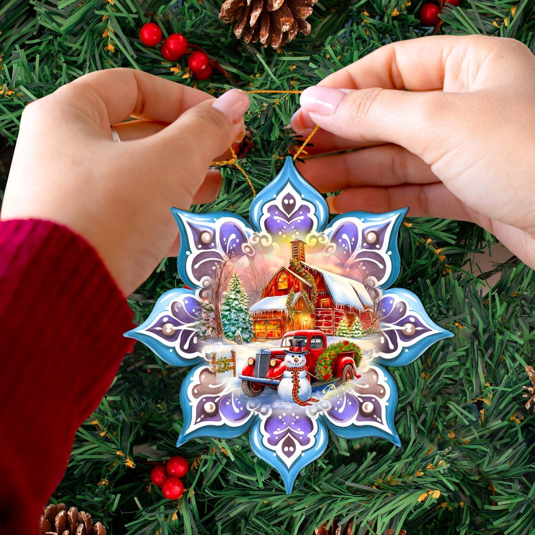 Christmas Red Barn Snowflake Wooden Ornaments by G. Debrekht - Christmas Decor - 8688429