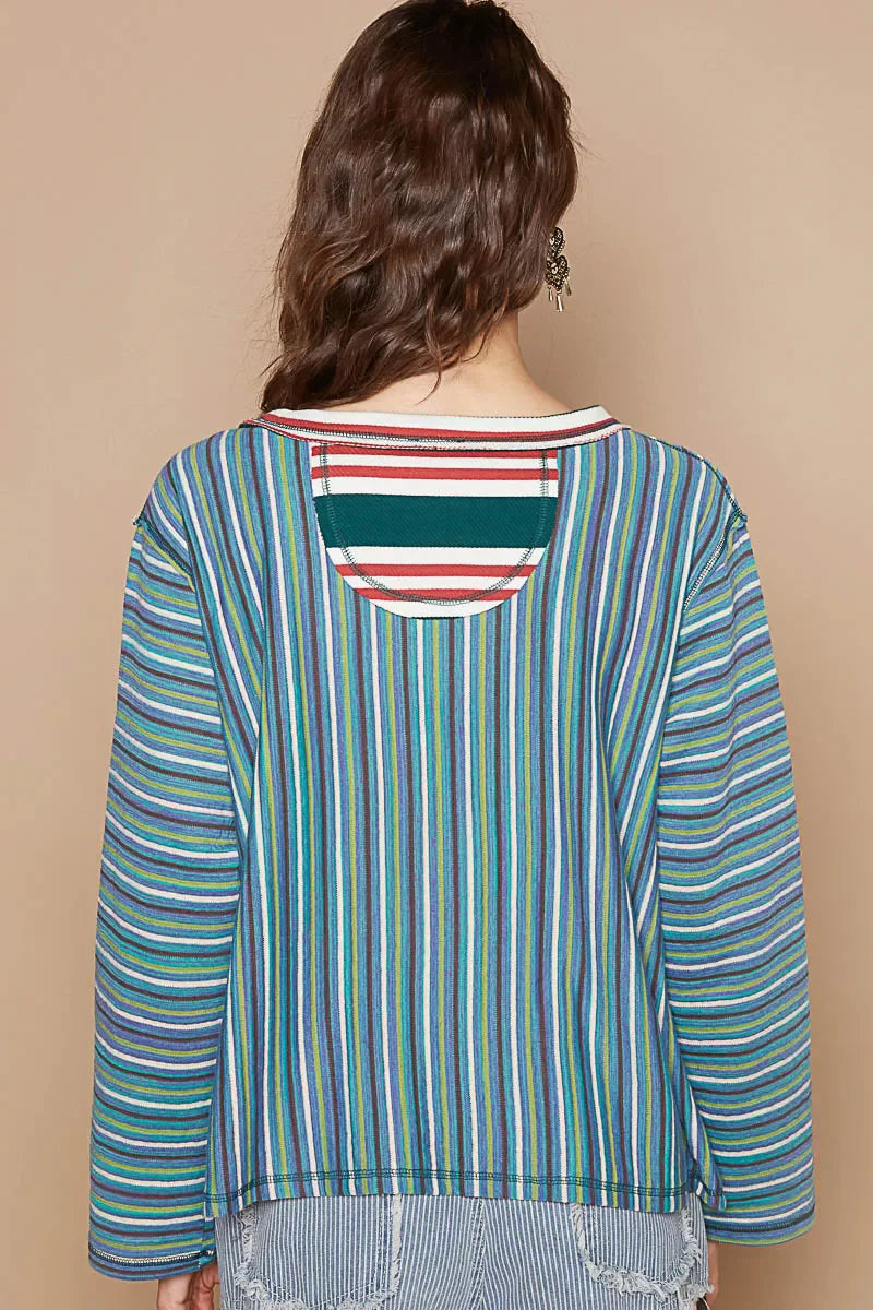 POL Color Block Striped Round Neck Long Sleeve T-Shirt