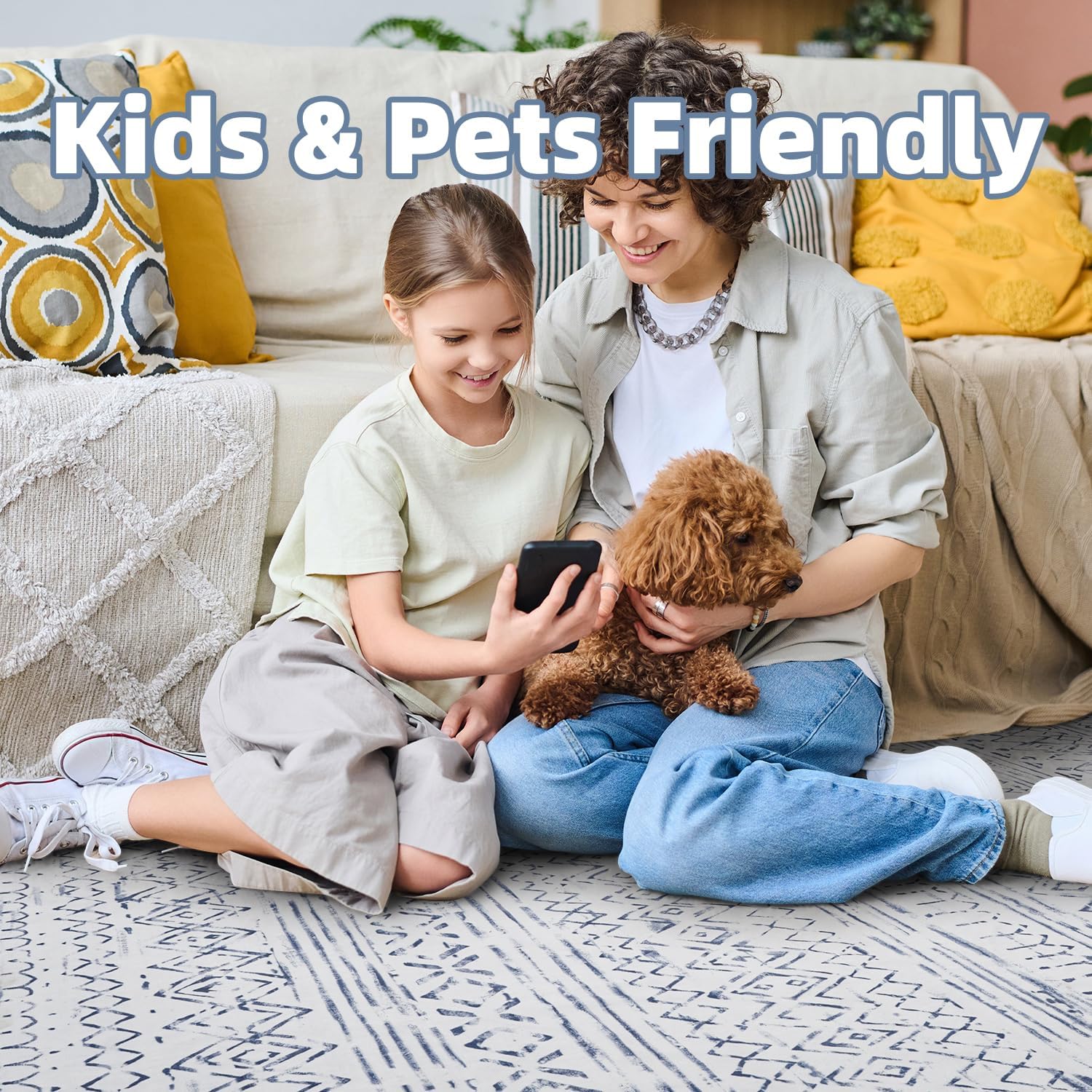 9x12 Area Rugs for Living Room-Non Slip Machine Washable Rug Modern Moroccan Boho Rug Super Soft Indoor Carpet Large Area Rug for Bedroom Dining Room Office Playroom, Blue