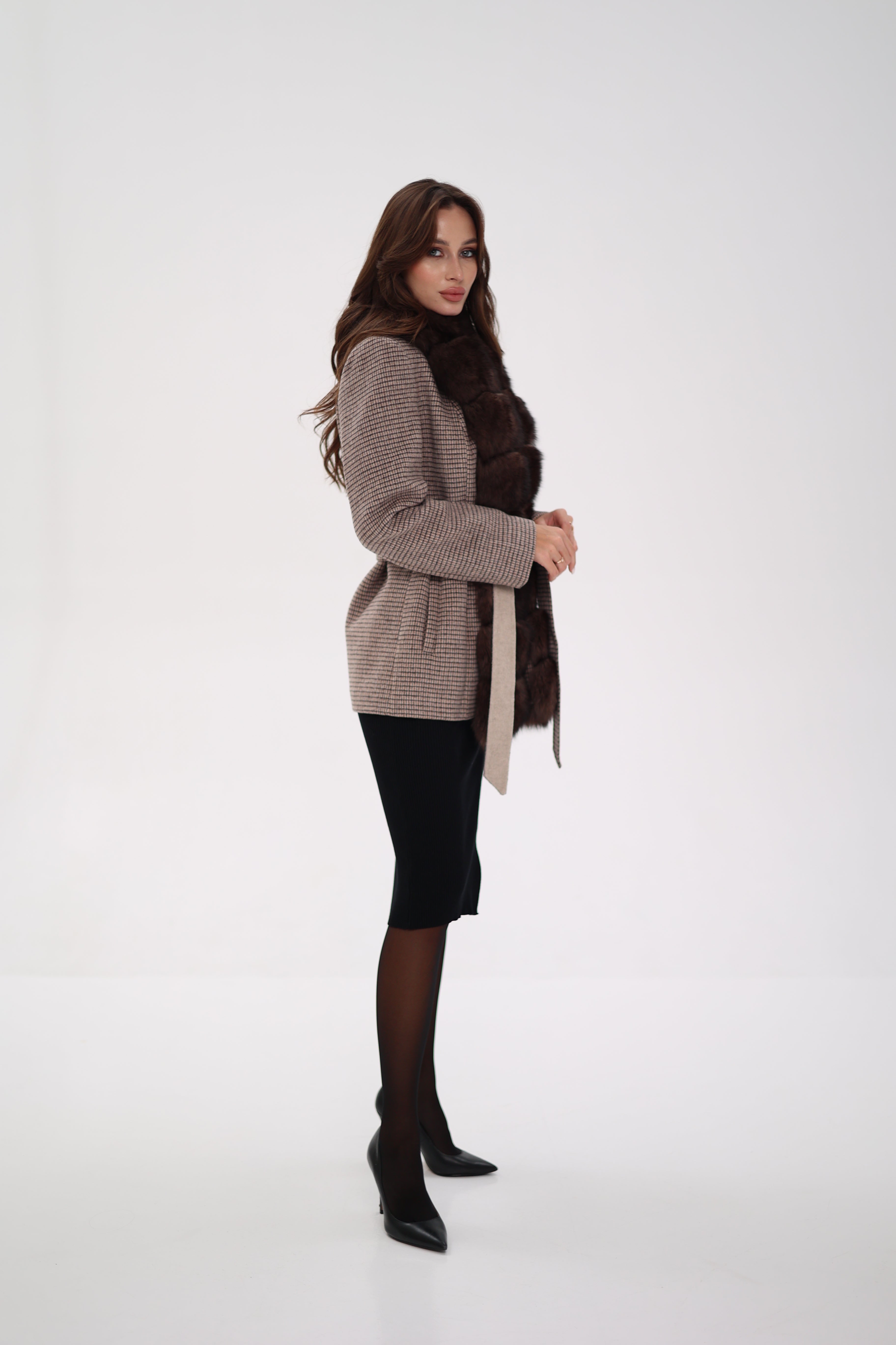Genuine Polar Fox Fur Virgin Wool Coat in Dark Beige