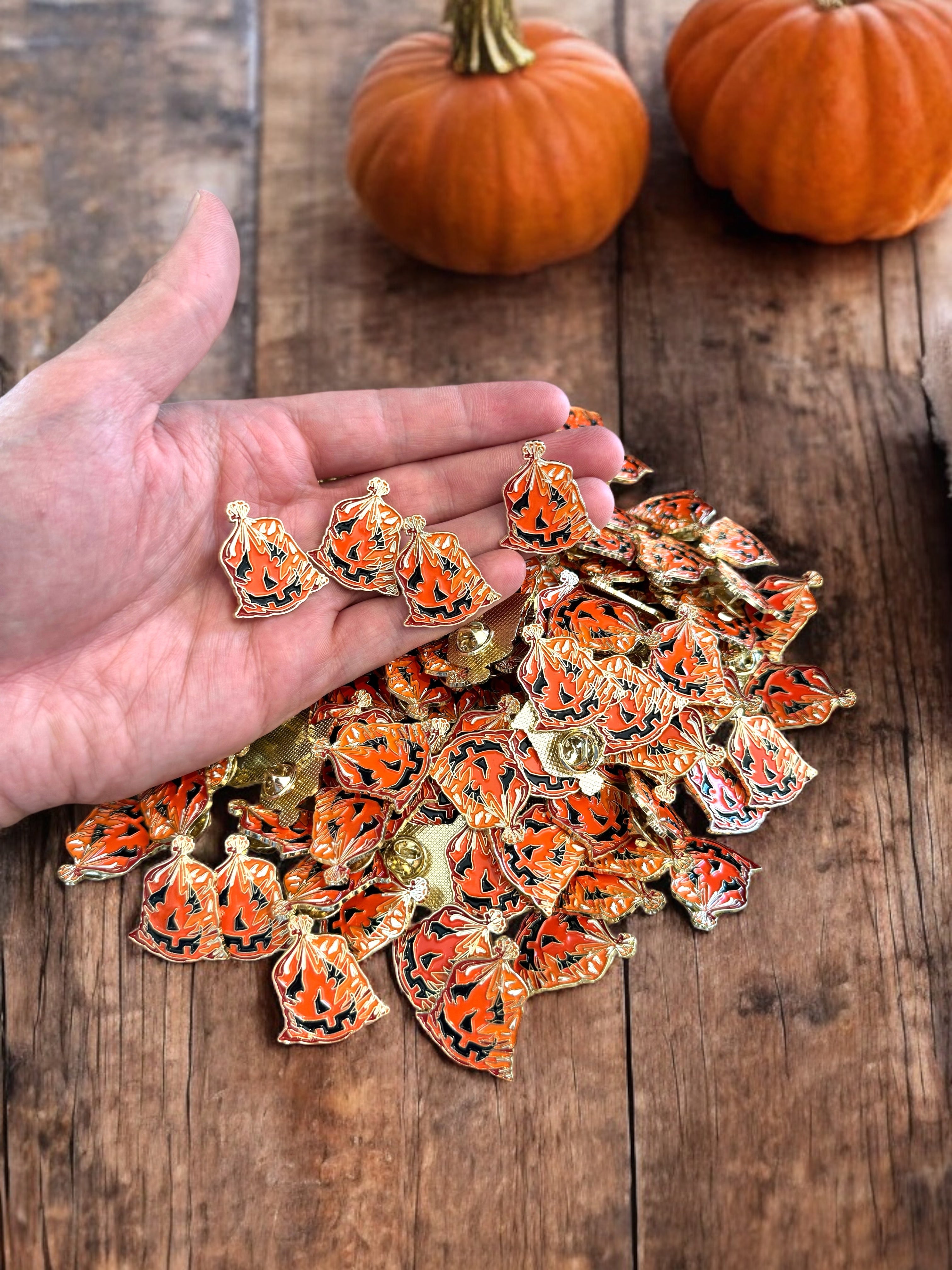 Pumpkin Jack O'Lantern Leaf Bag Enamel Pin