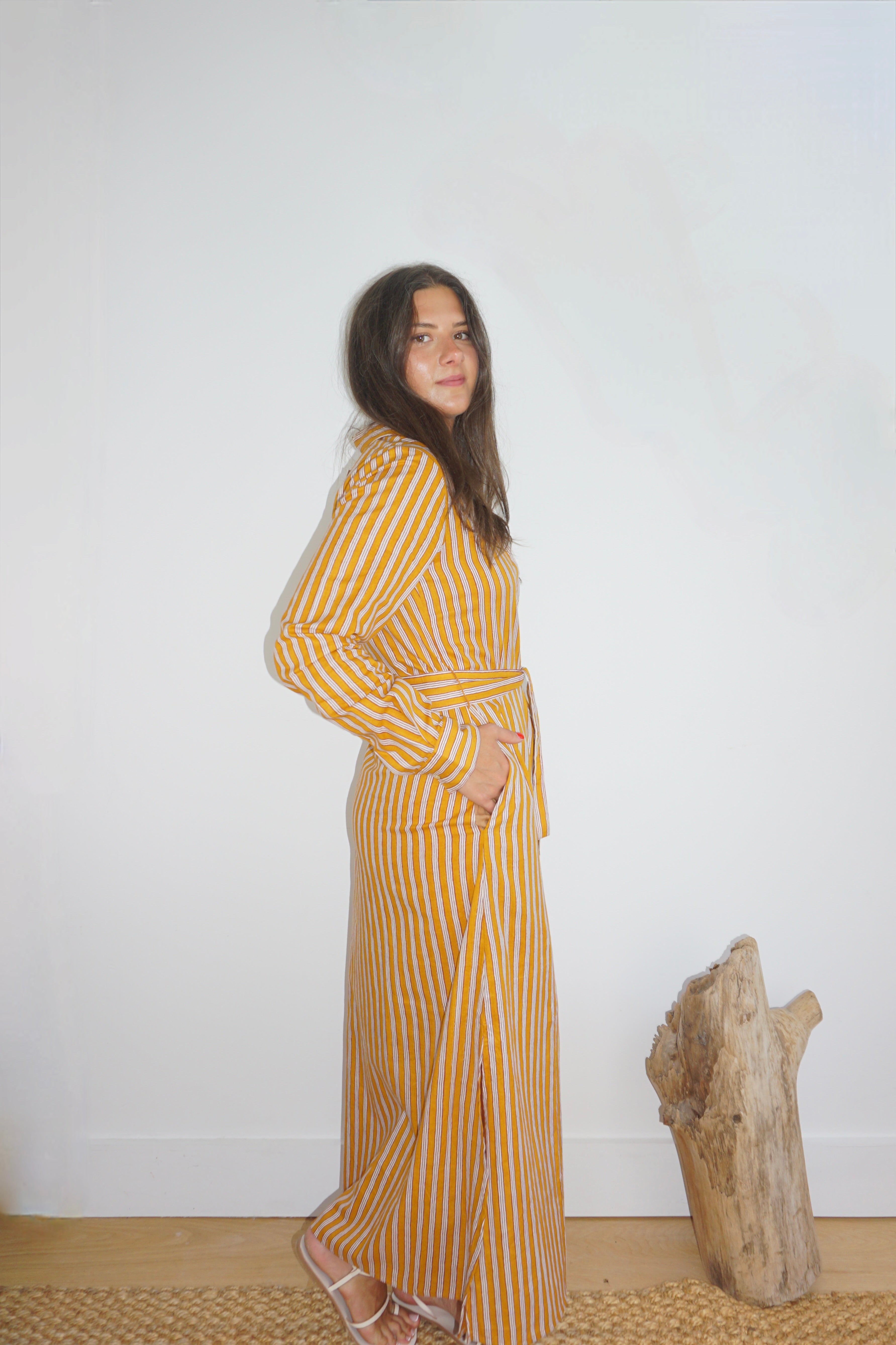 Caspian Dress in Marigold Pinstripe