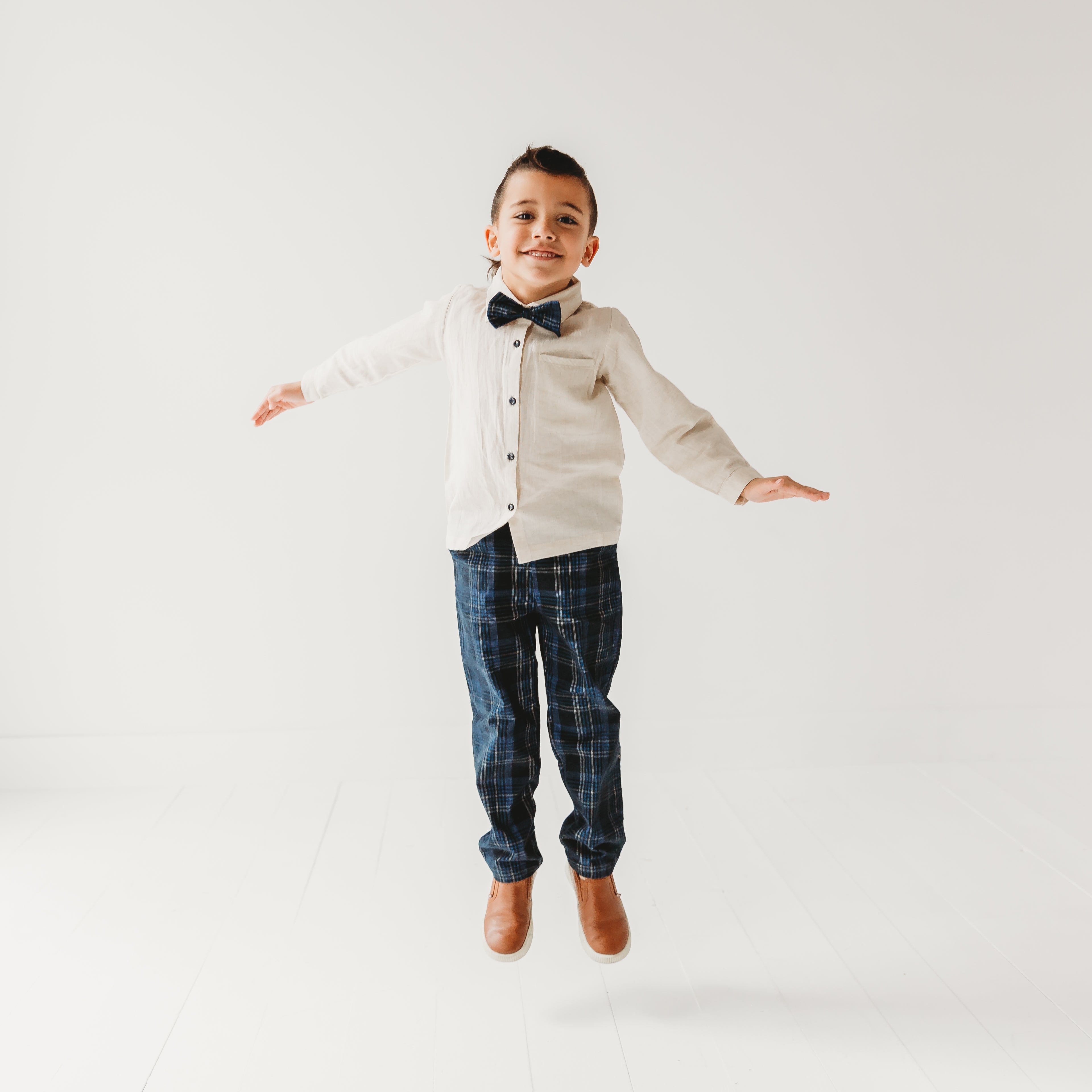 Boys Blue Plaid Cord Set, with Linen Shirt with Bow