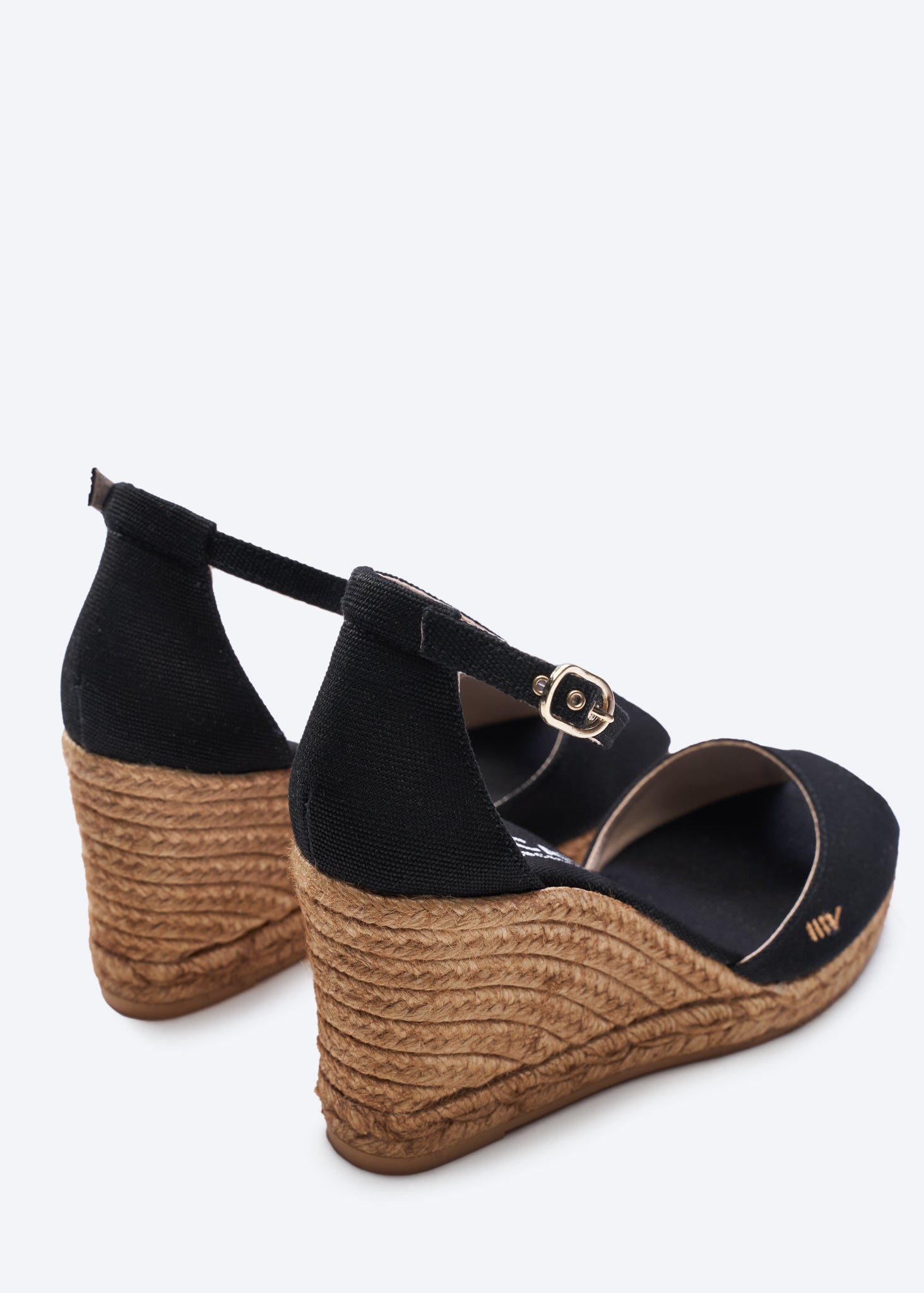 Aiguafreda Black Canvas Ankle Strap Woman Open Toe Espadrille Wedges Back Detail
