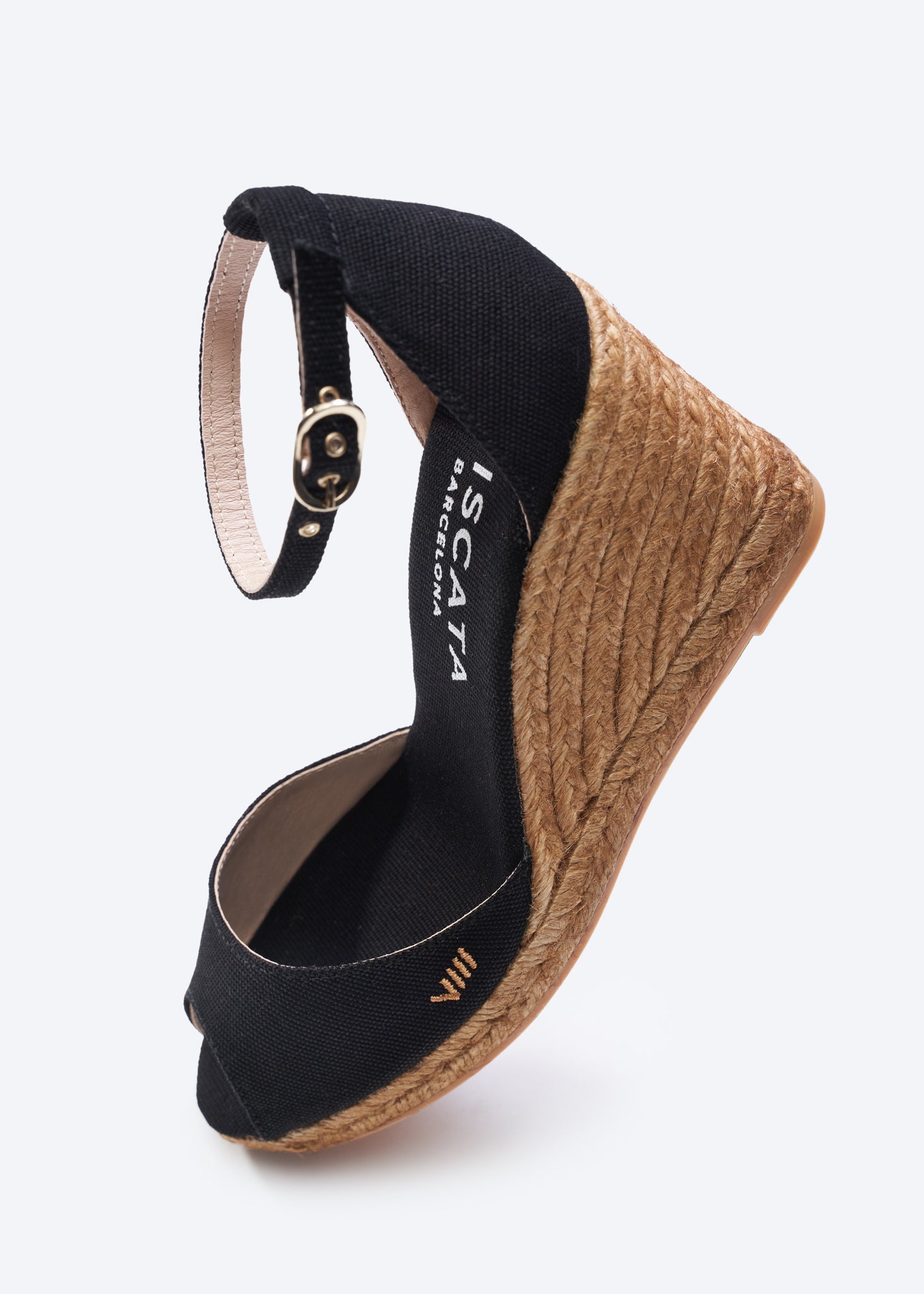 Aiguafreda Black Canvas Ankle Strap Woman Open Toe Espadrille High Wedges