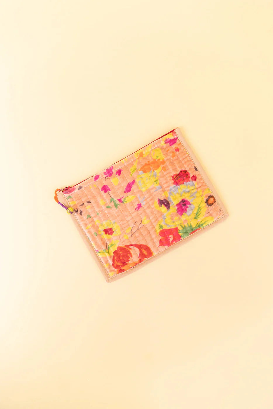 Quilted Velvet Flat Zipper Pouch with Vibrant Pattern