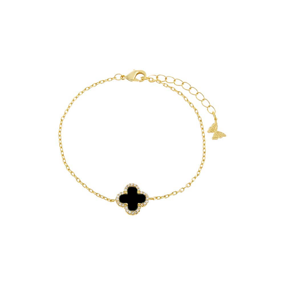 Onyx Pave Outlined Four Leaf Clover Bracelet - Adina's Jewels