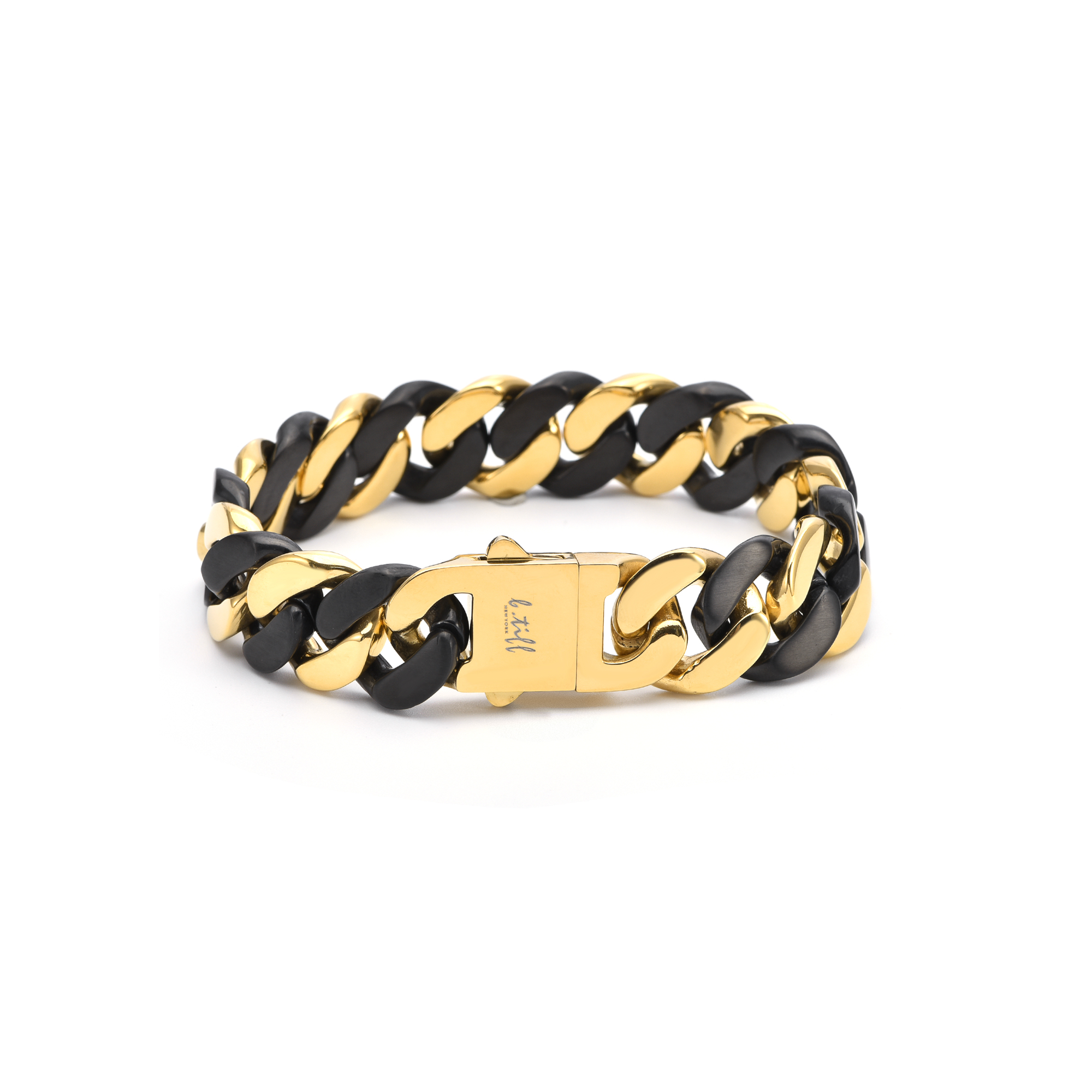 BG160BG B.Tiff High Polish 16mm Black & Gold Flat Cuban Link Bracelet