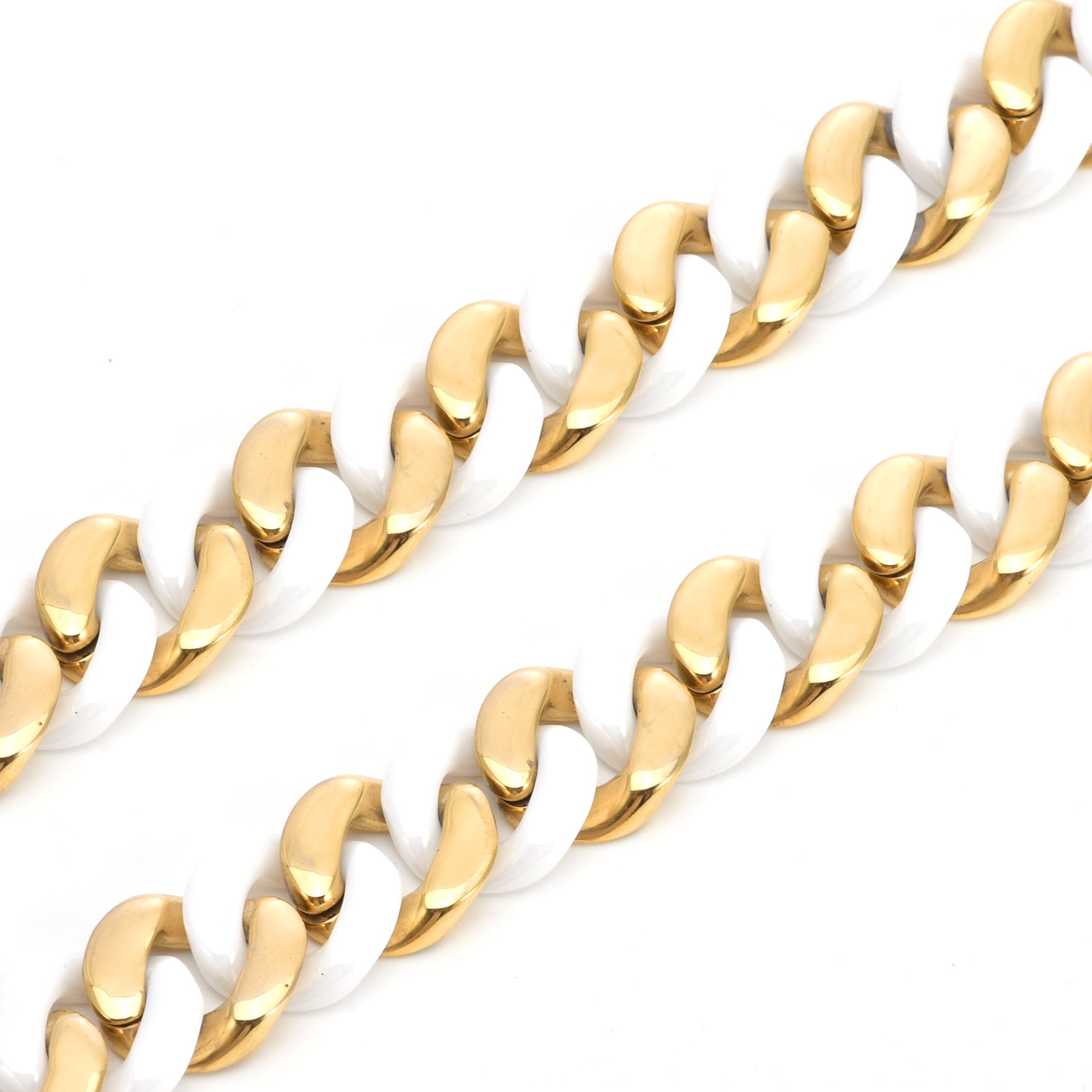 C160GW B.Tiff 16mm 2-Tone Gold Plated White Ceramic Flat Cuban Link Necklace