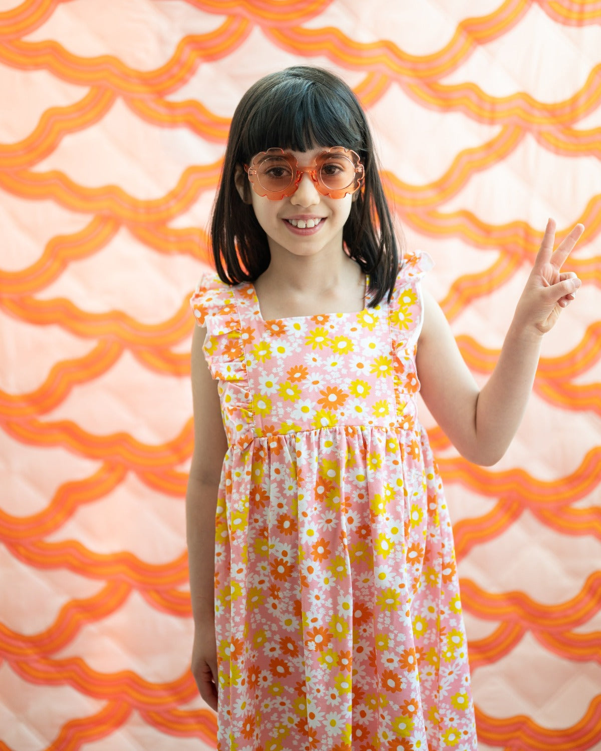 Pink and Yellow Floral Tie Back Flutter Colorful Vintage Dress Toddler Girls