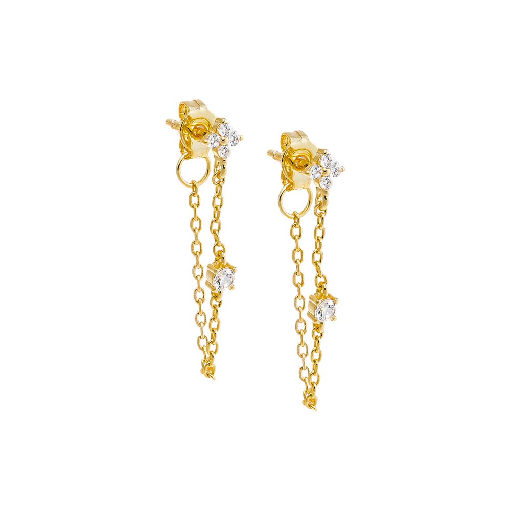 Gold CZ Flower Chain Front Back Stud Earring - Adina's Jewels