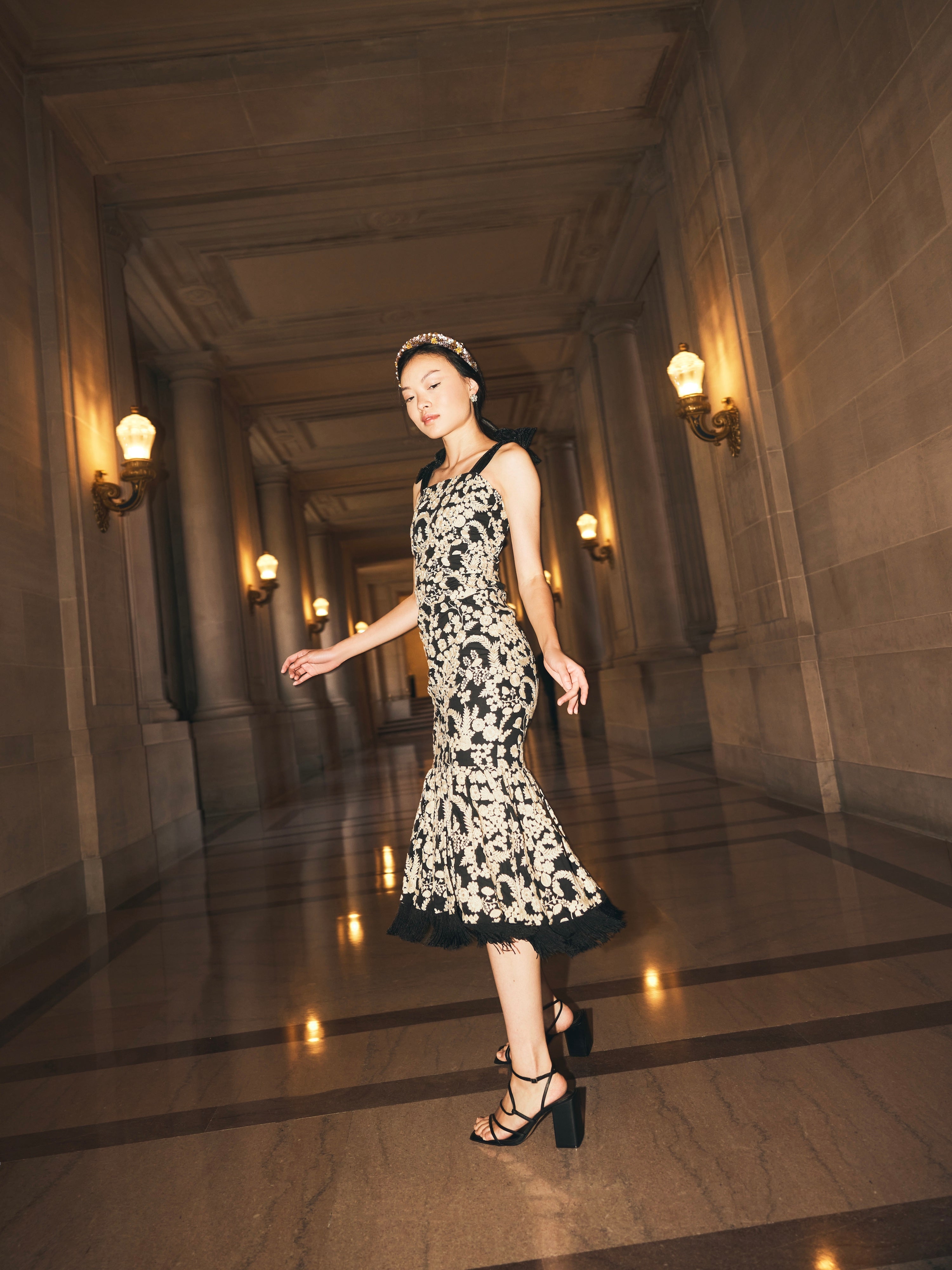 Doris Embroidered Fringe Midi Dress - Midnight/Cream Floral embroidery