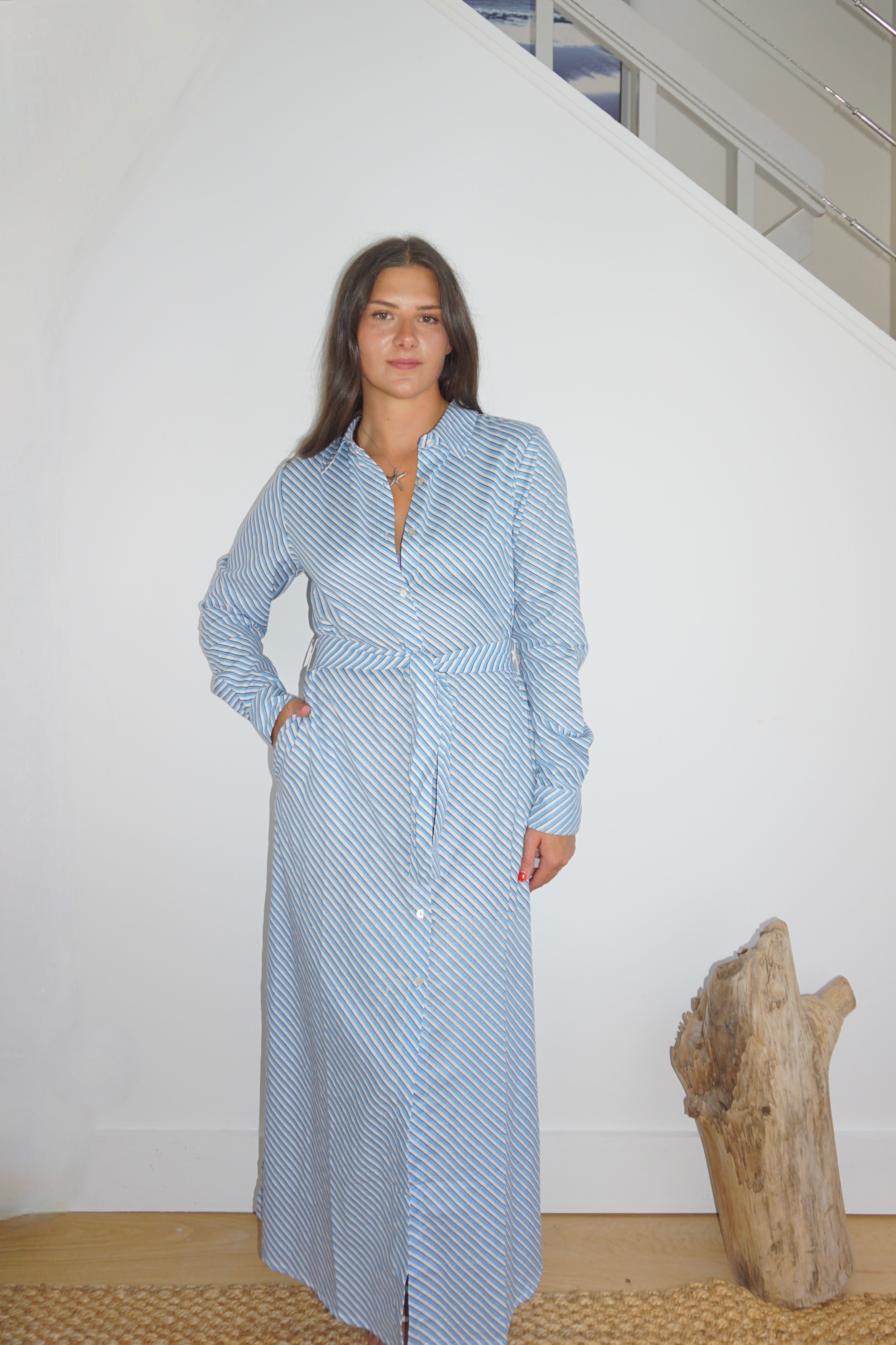 Caspian Dress in Blue Bias Stripe