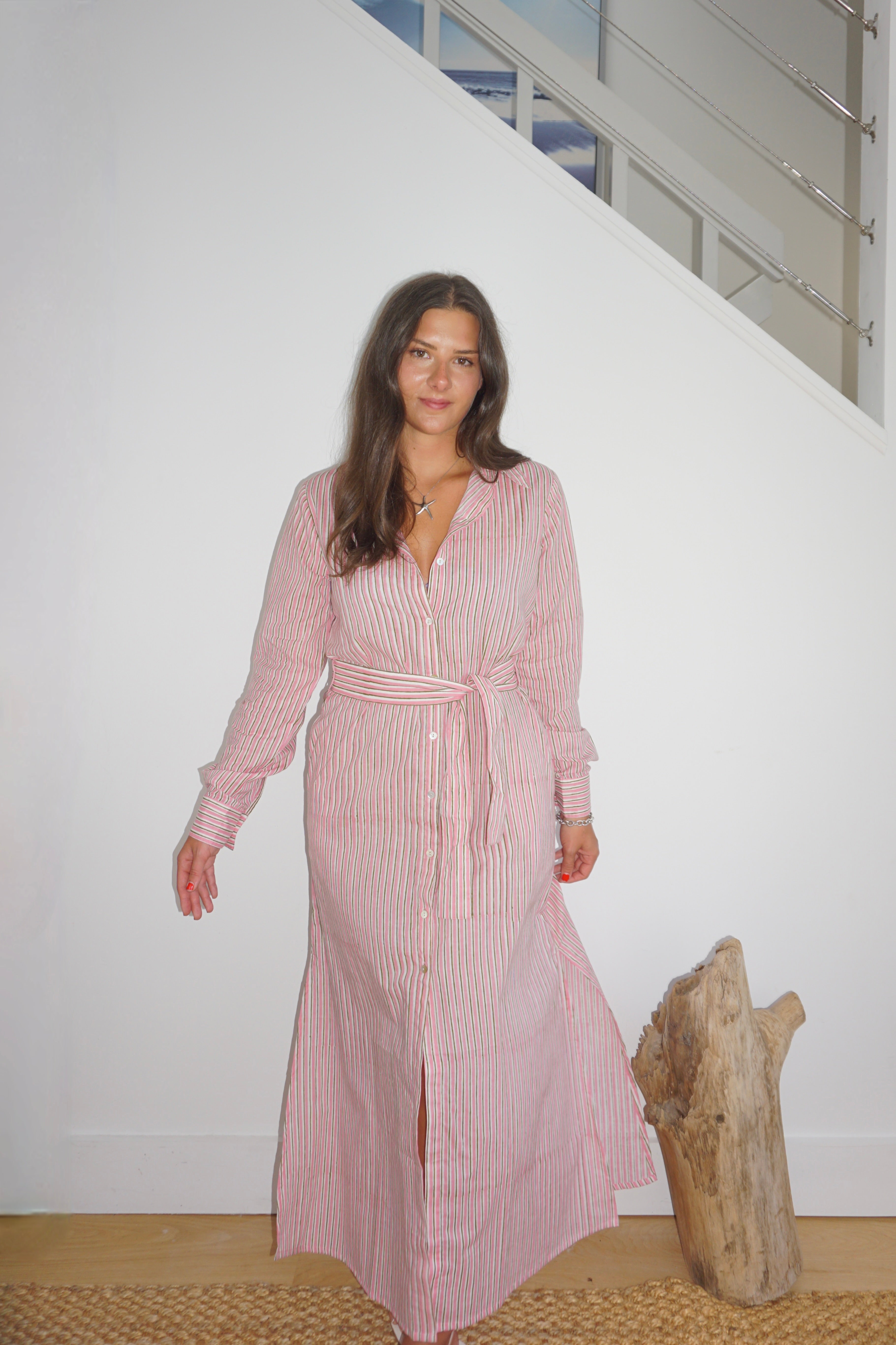 Caspian Dress in Pink Pinstripe