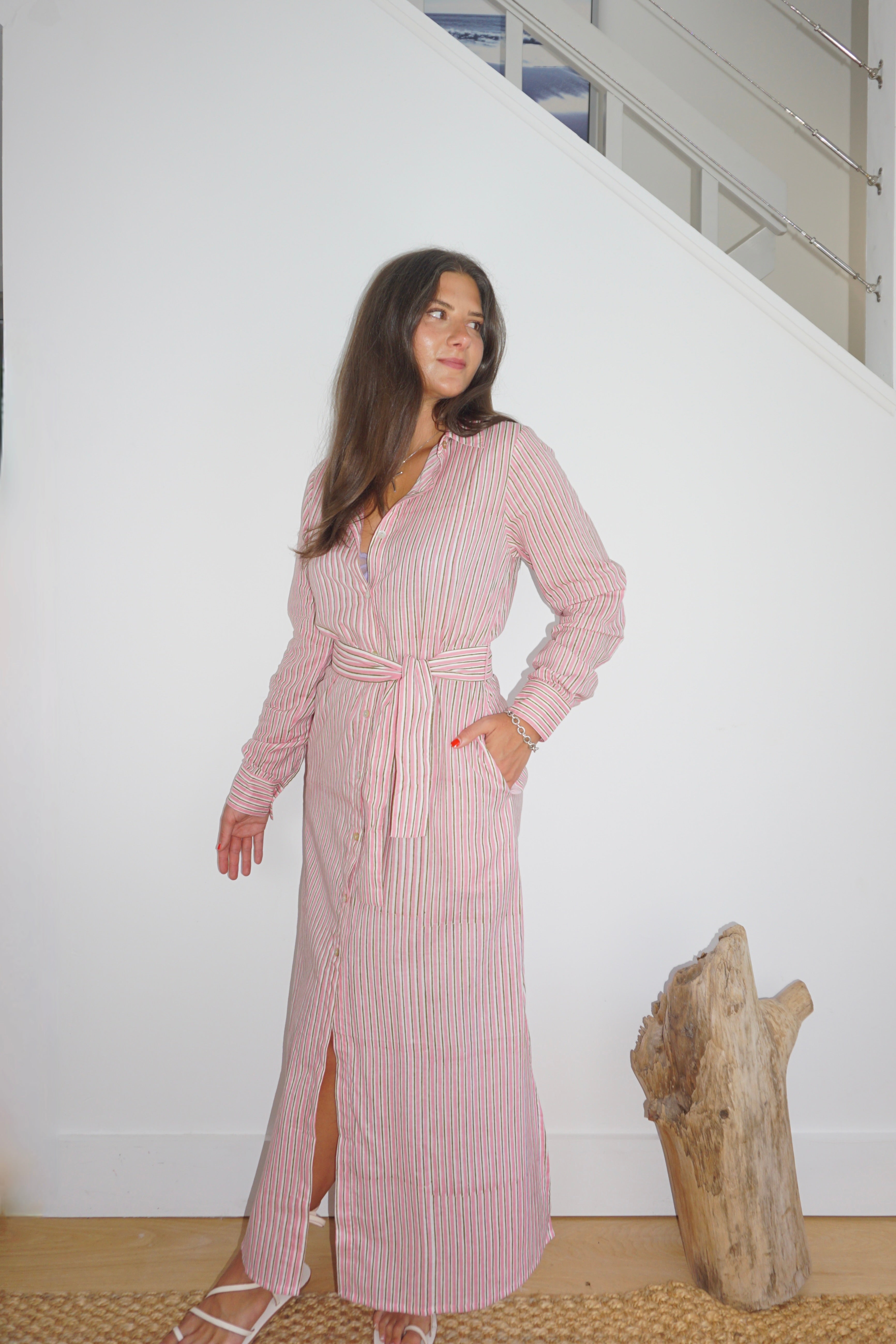 Caspian Dress in Pink Pinstripe