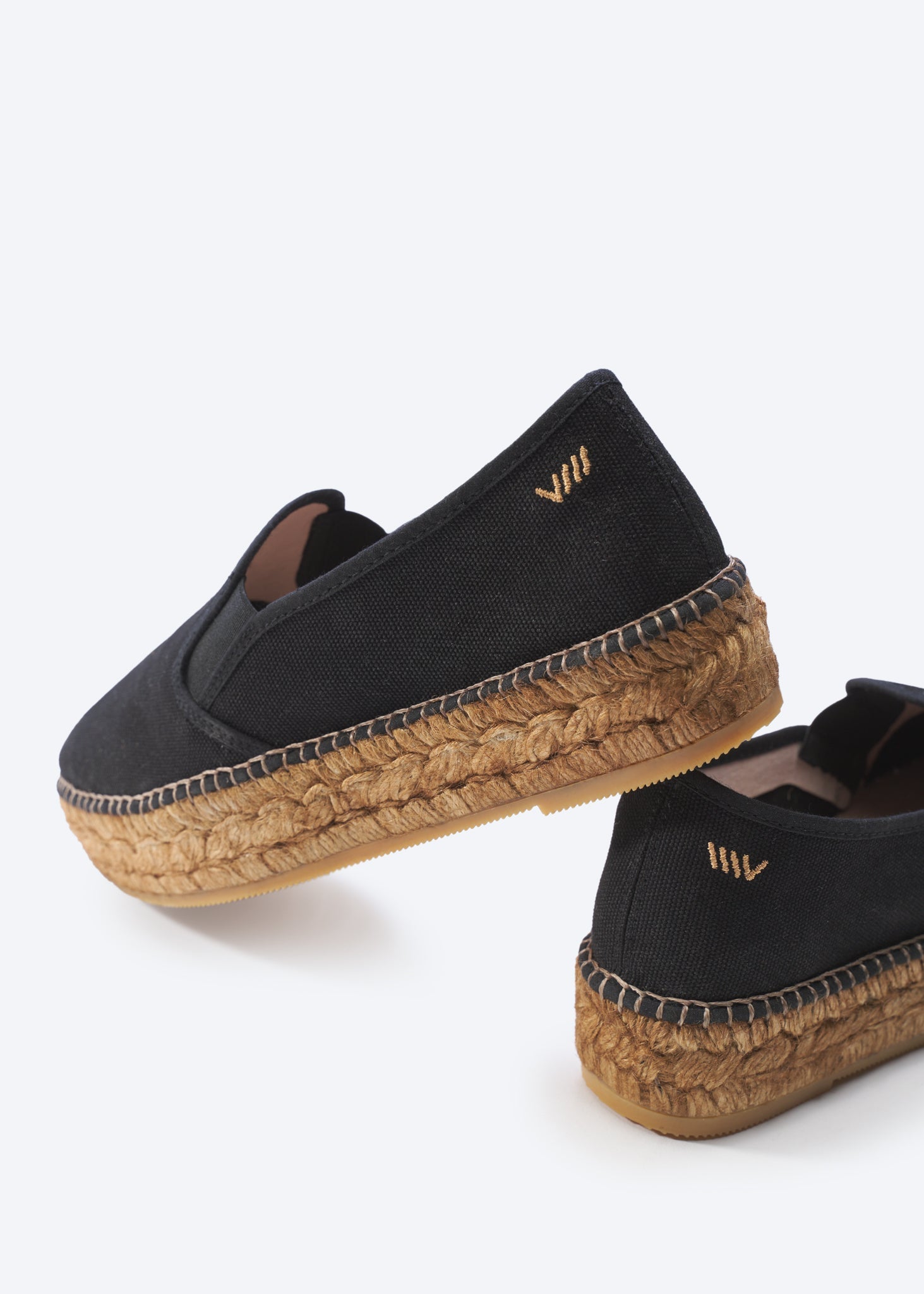 Castell Black Canvas Slip On Women Espadrille Flatfroms Back Detail
