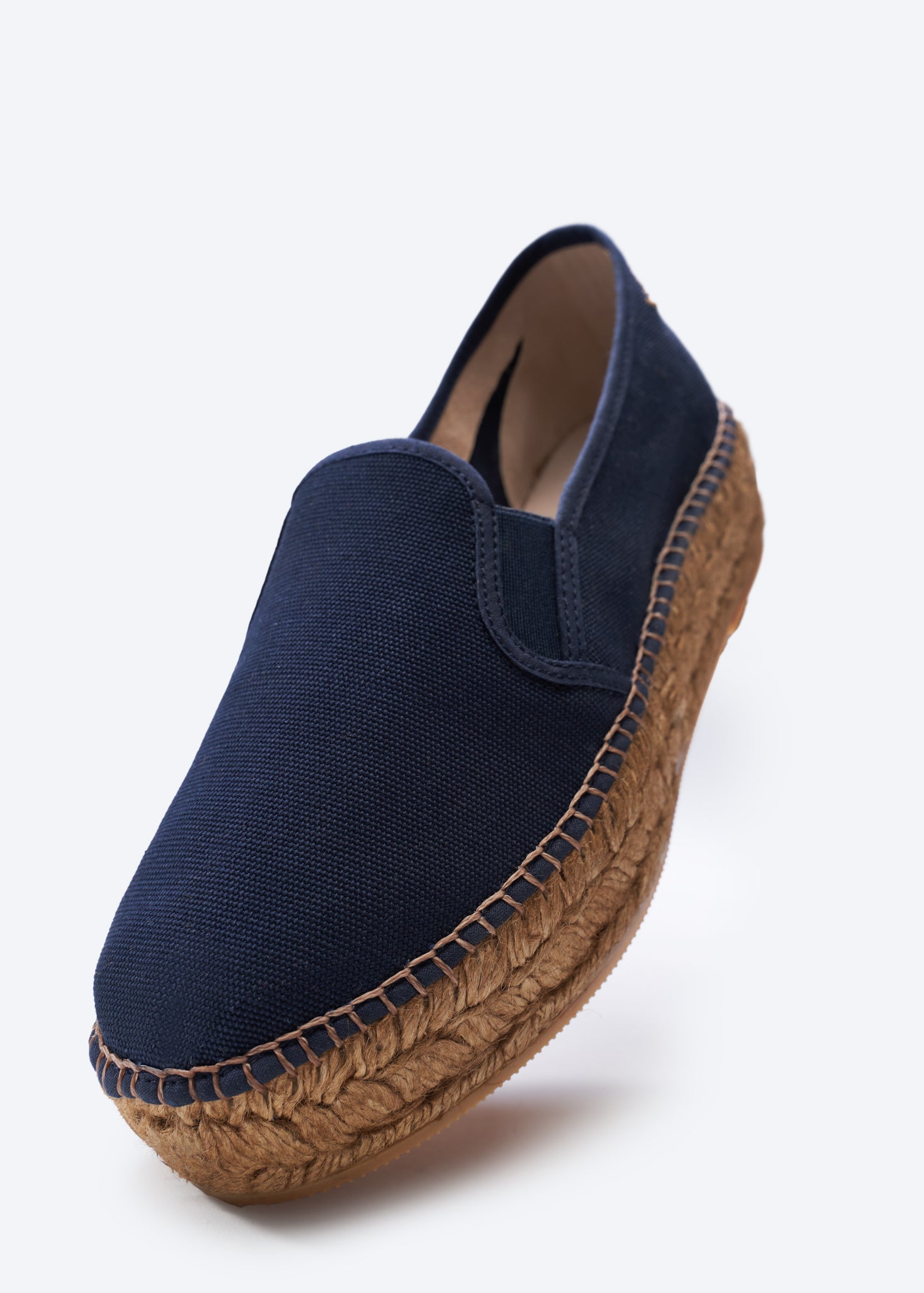 Castell Navy Blue Canvas Slip On Women Espadrille Flatfrom Closed Toe Detail