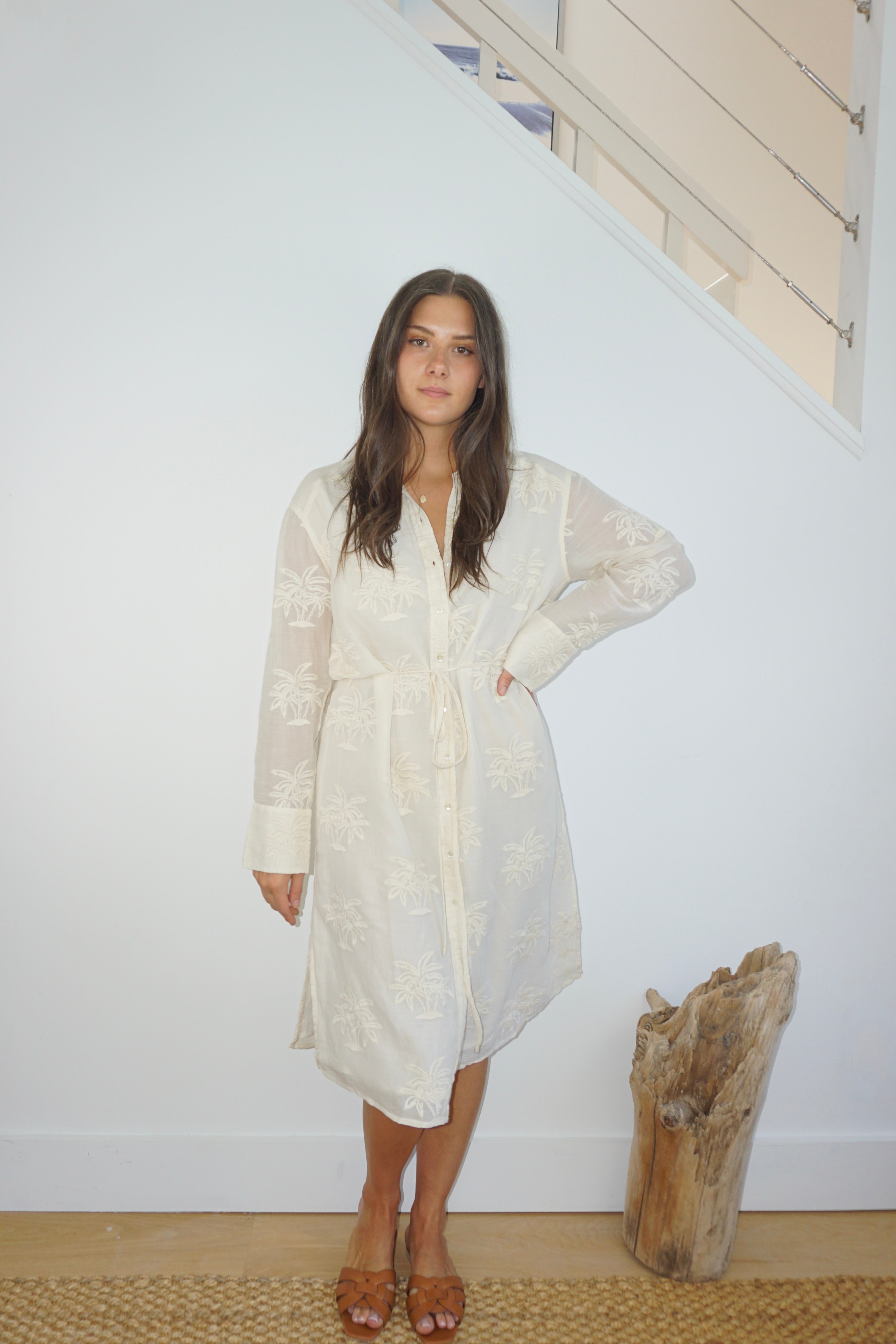 Chambers Sun Dress in Cream Palm Embr