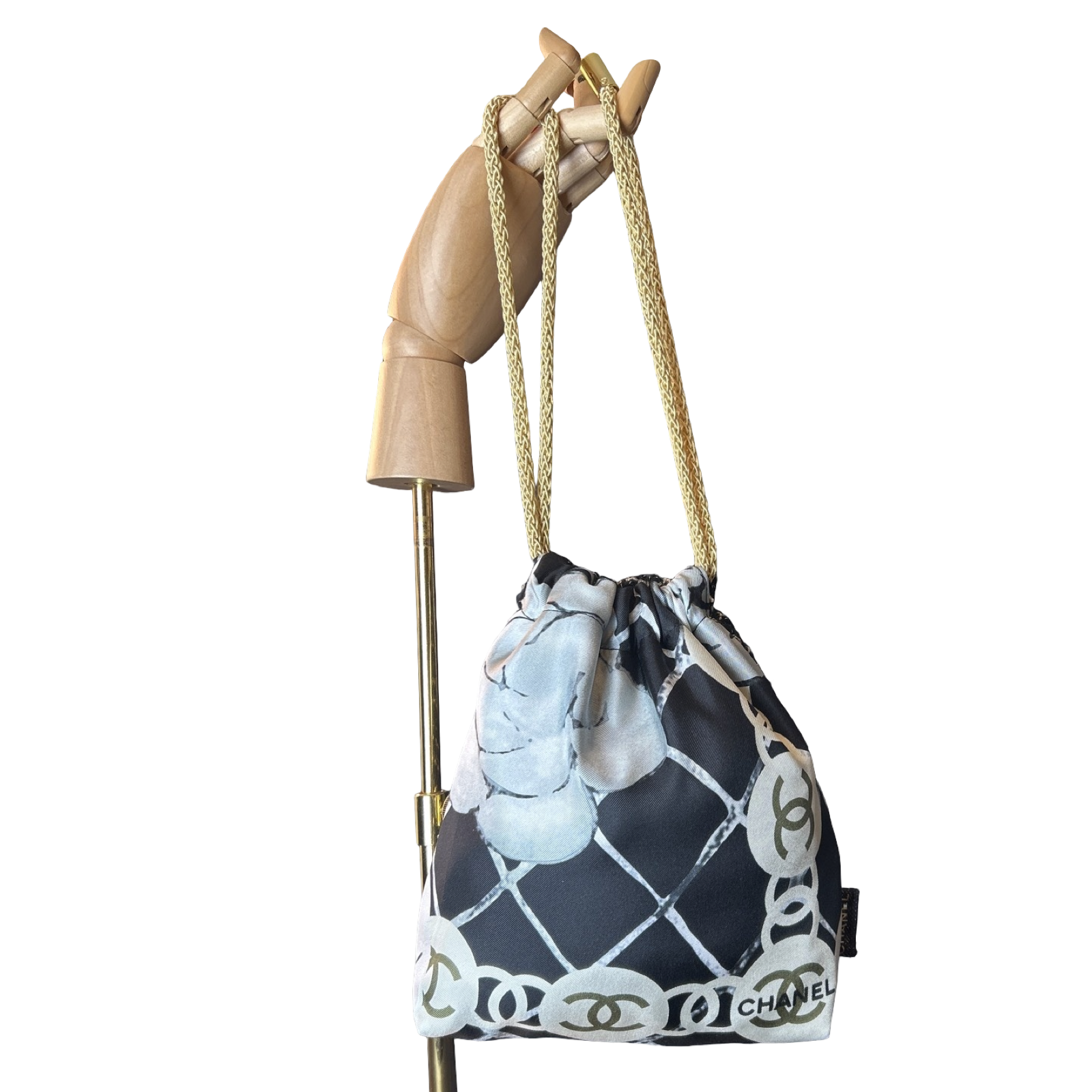 CC Logo Camellia Noir Vintage Scarf Drawstring Crossbody Bag