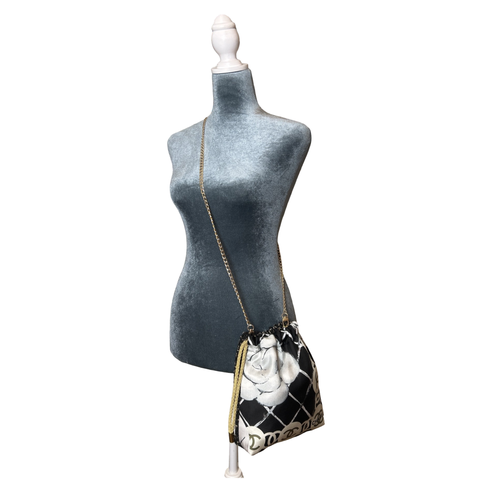 CC Logo Camellia Noir Vintage Scarf Drawstring Crossbody Bag