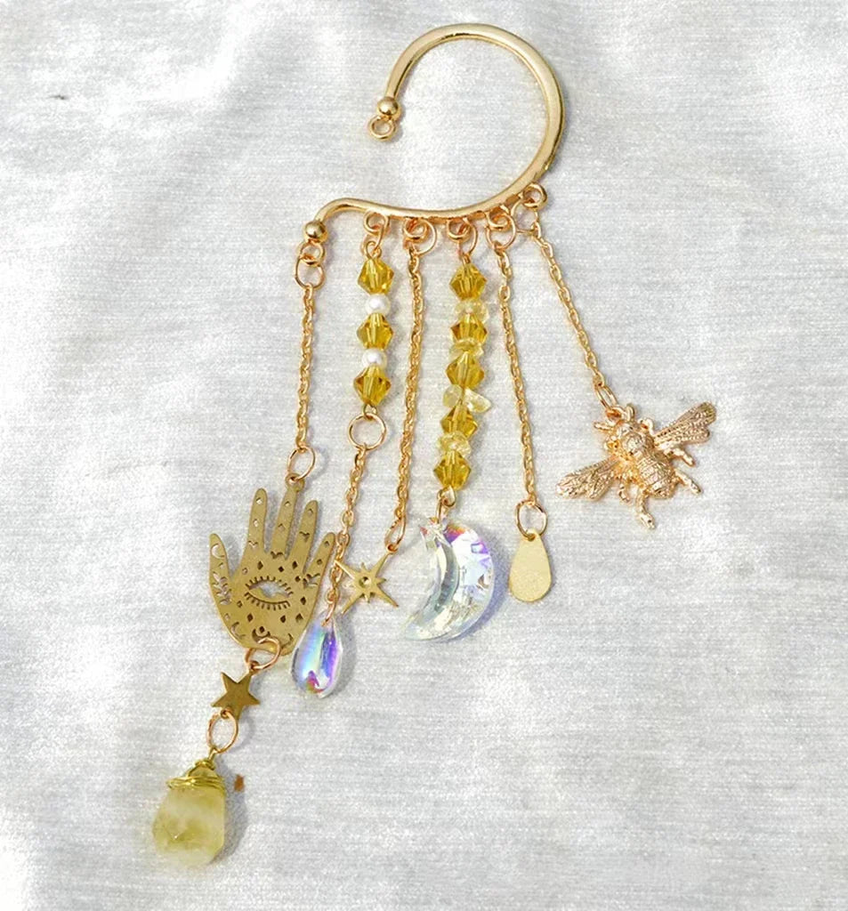 Gold Ear Cuff Charm Crystal Earrings