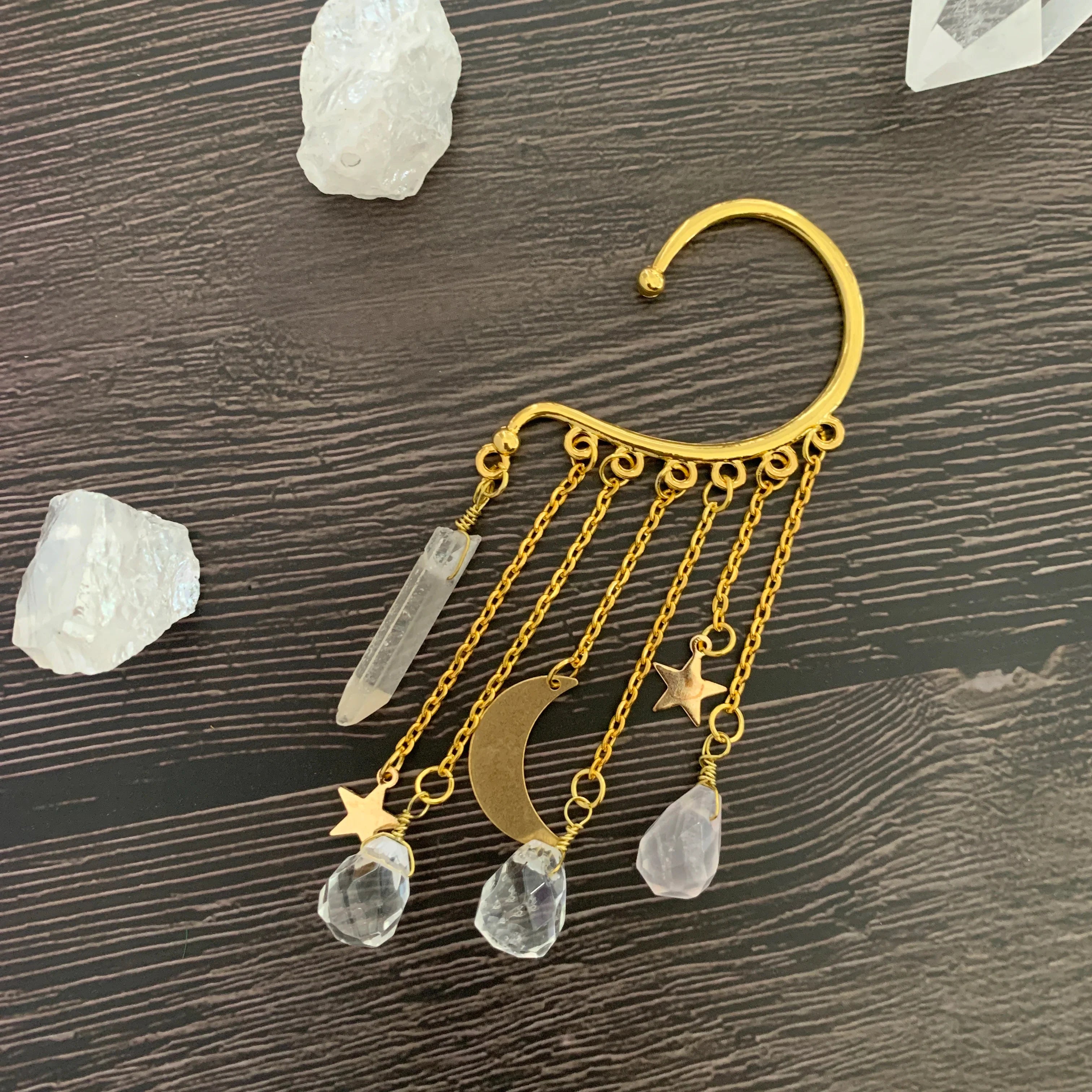 Gold Ear Cuff Charm Crystal Earrings
