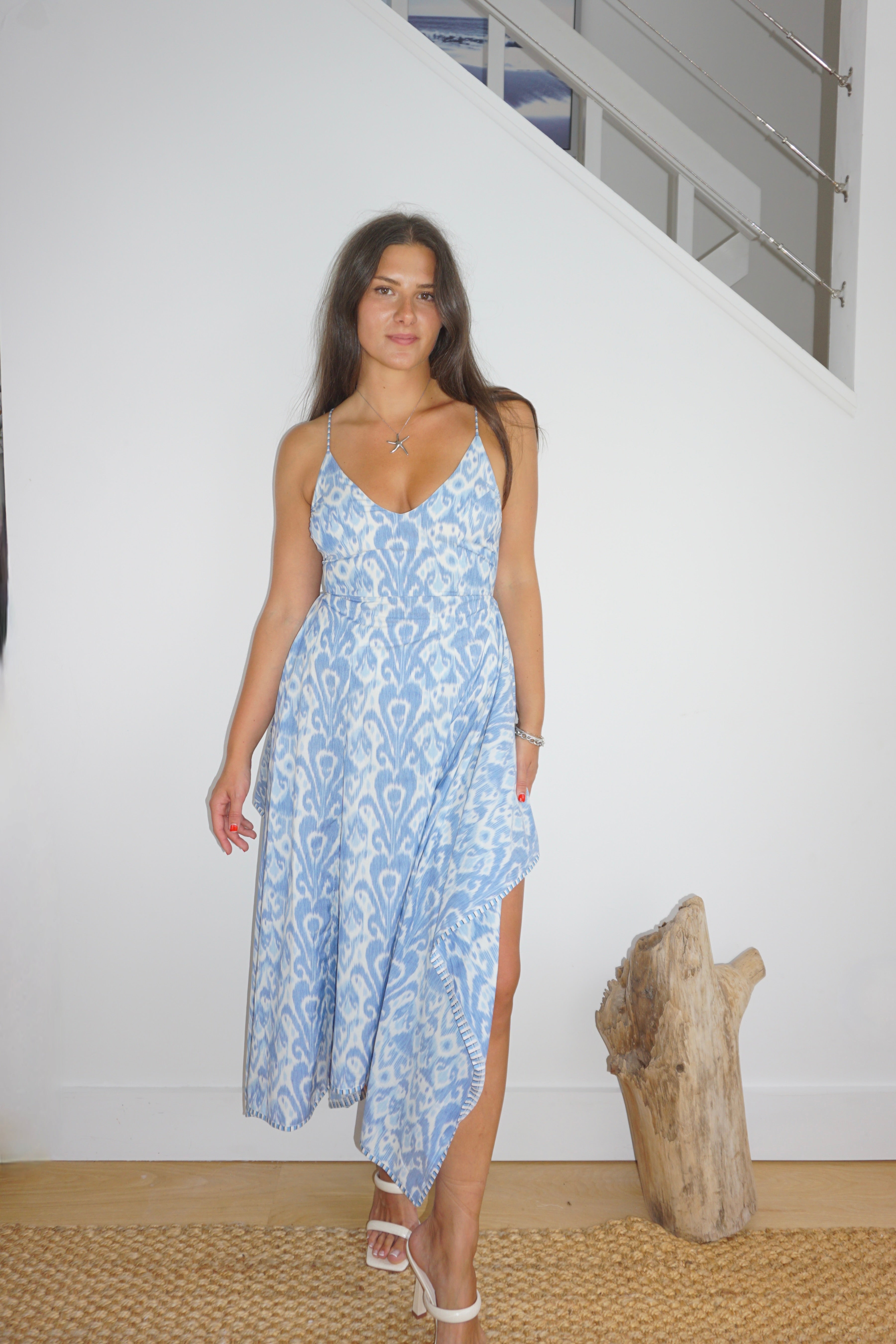 Cross Back Dress in Faded Blue Ikat