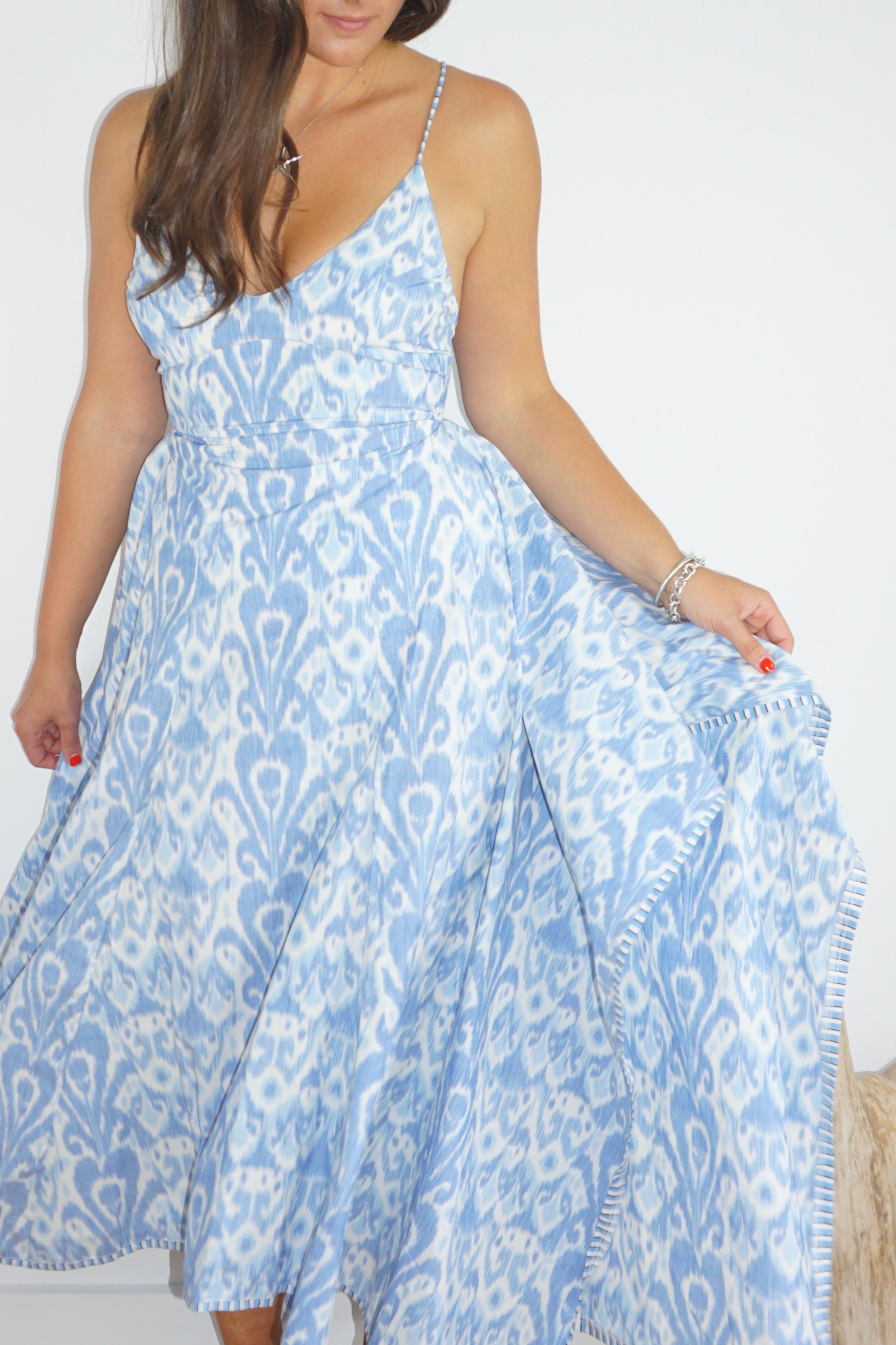 Cross Back Dress in Faded Blue Ikat