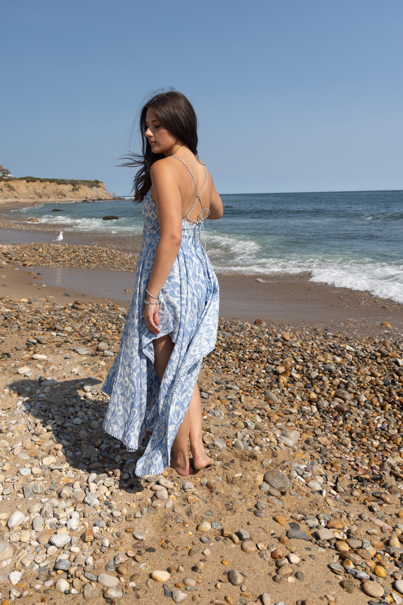 Cross Back Dress in Faded Blue Ikat