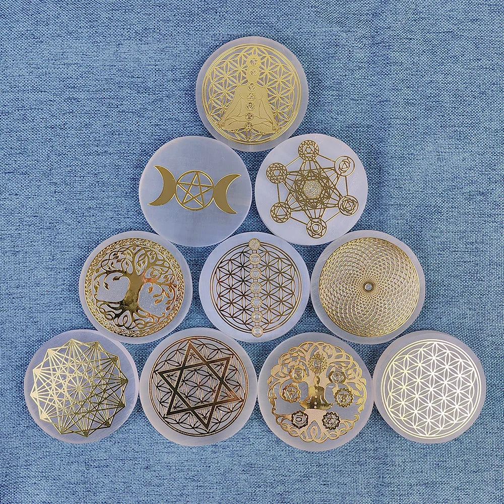 Selenite Spiritual Gold Symbol Plates