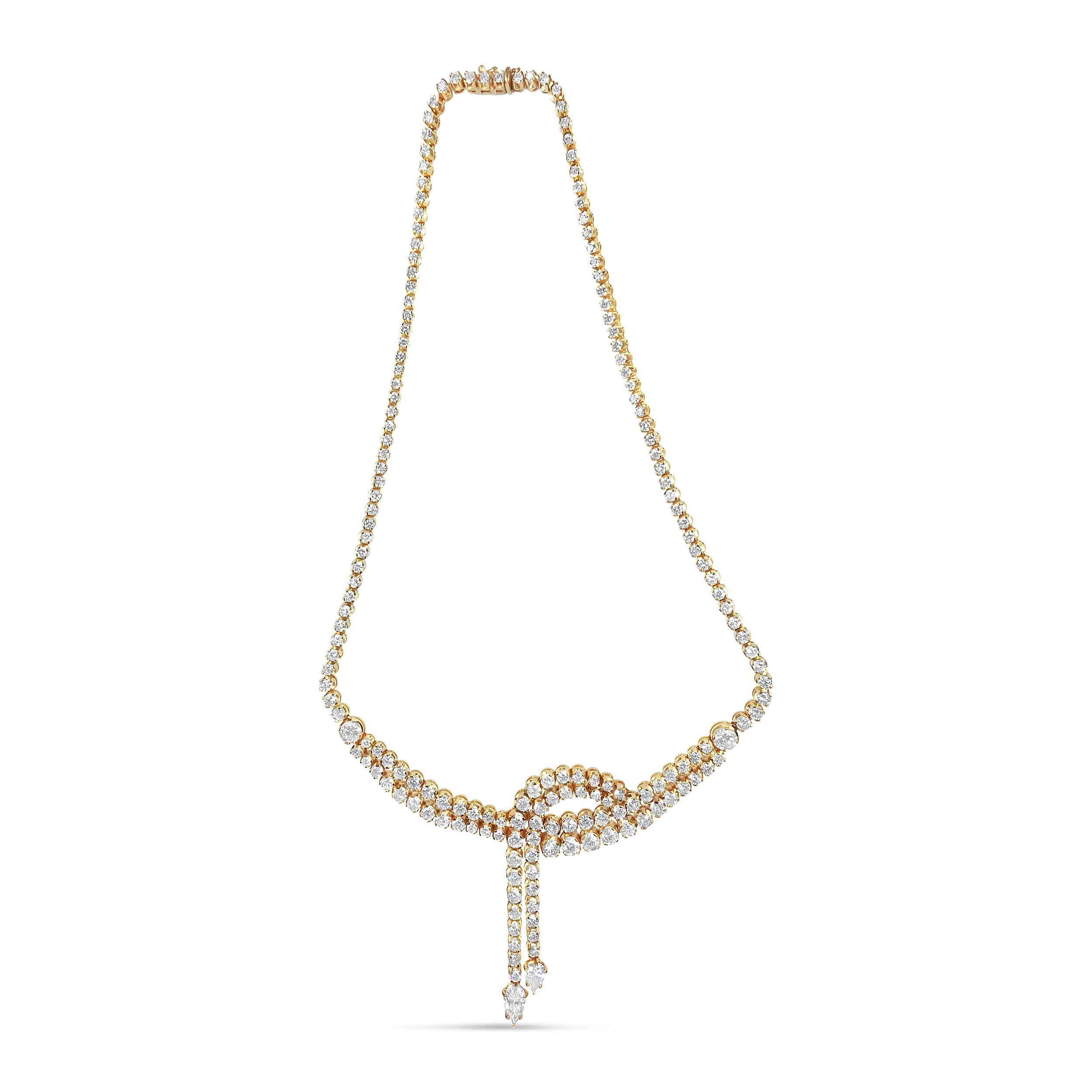 14K Yellow Gold 17.0 Cttw Diamond Double Row Lariat 18" Inch Tennis Necklace With Pear Shape Diamond Drop Tips (I-J Color, Vs2-Si1 Clarity)