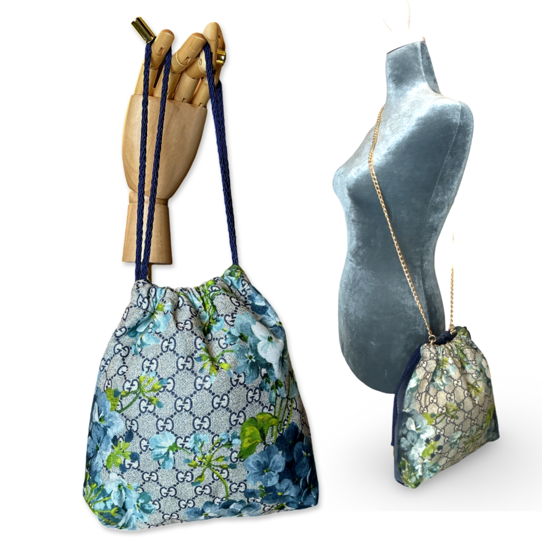 GG Logo Blooms Blue Vintage Scarf Drawstring Crossbody Bag