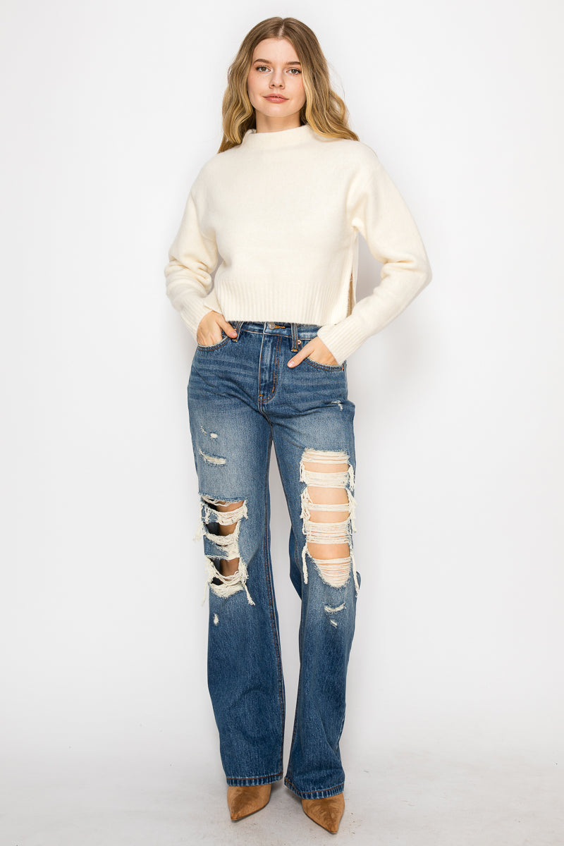 Hybrid Stretch Ripped Relaced Flare Jeans