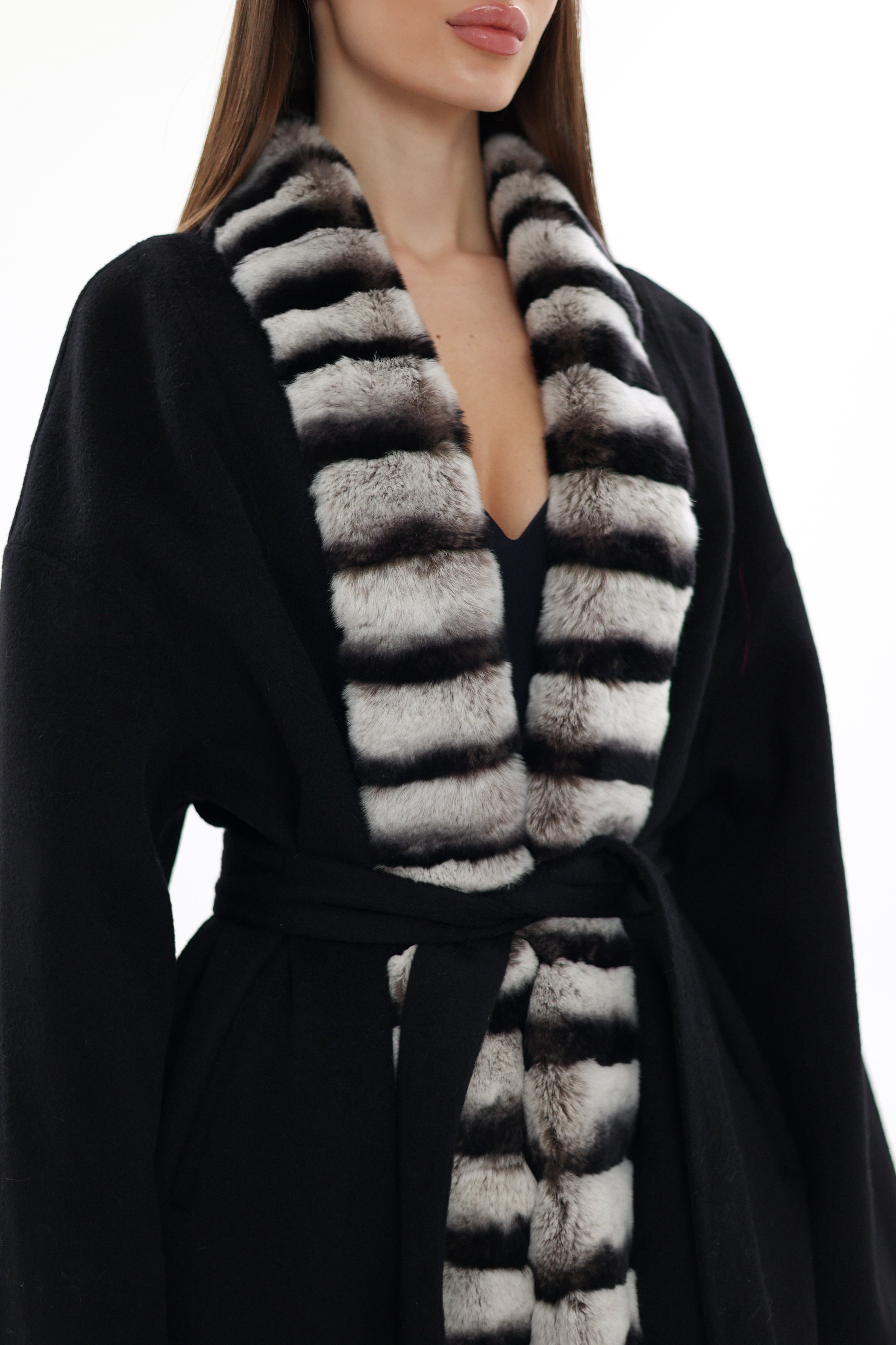 Genuine  French Orylag Fur Italian Cashmere Wool Coat 130cm