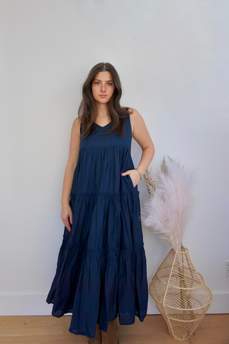 Donna Tiered Maxi Dress in Navy Poplin