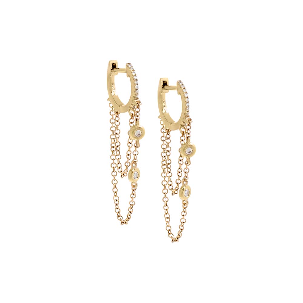 14K Gold / Pair Diamond Double Bezel Drop Chain Huggie Earring 14K - Adina's Jewels