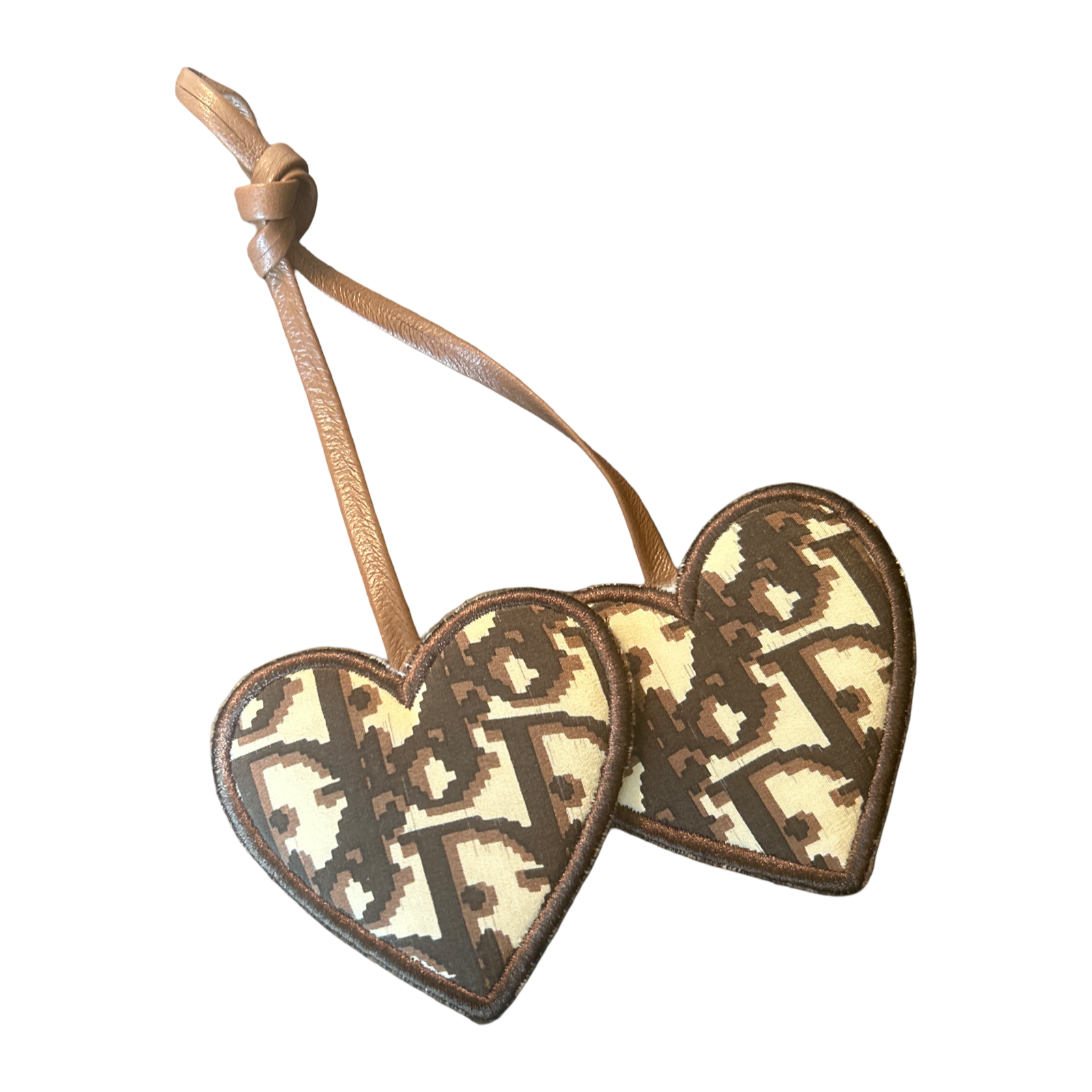 Trotter Brown Vintage Silk Scarf Double Heart Bag Charm