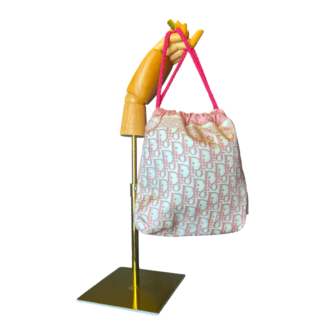 Trotter Pink Vintage Silk Scarf Drawstring Crossbody Bag